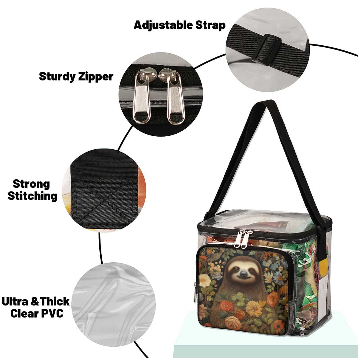 GzLeyigou Sloth Print Clear Tote Bag with Handles - Transparent Crossbody Shoulder Bag for Lunch, Outdoor, Travel, Picnic, Concerts & Sports Events | Stadium Approved Multi-Purpose Purse | Perfect for Music Festivals, Beach Trips and Theme Park Visits