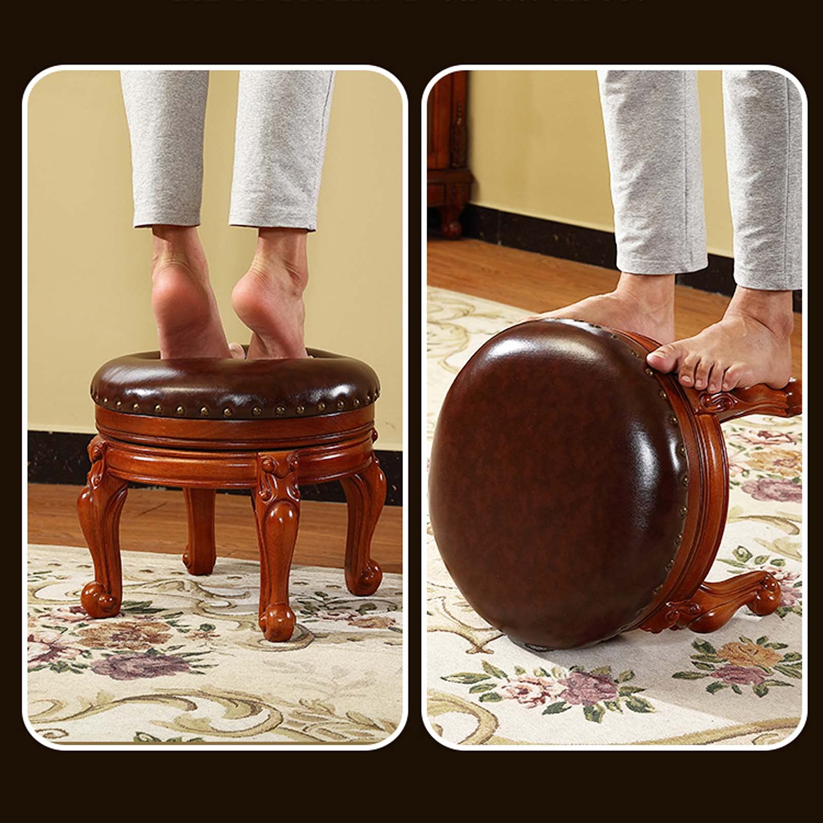 Wooden Foot Rest Ottoman for Under Desk - Round Vanity Stool with 4 Stable Wooden Legs - Perfect for Office, Living Room & Bedroom - Ergonomic Foot Support While Working, Relaxing or Applying Makeup