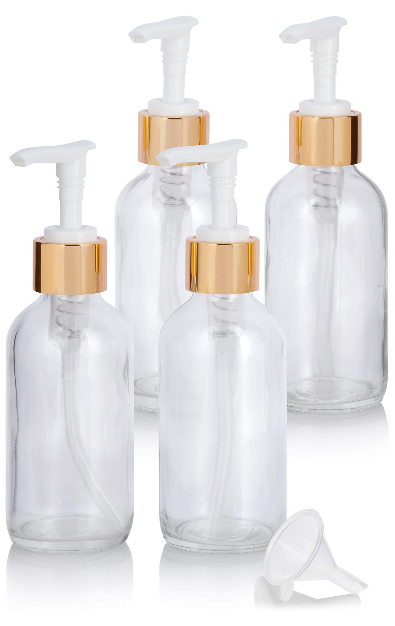 JUVITUS 4 oz Clear Boston Round Glass Bottles with Gold Lotion Pump - Thick Plated, 4 Pack + Bonus Funnel - Perfect for Essential Oils, DIY Skincare, and Travel Toiletries
