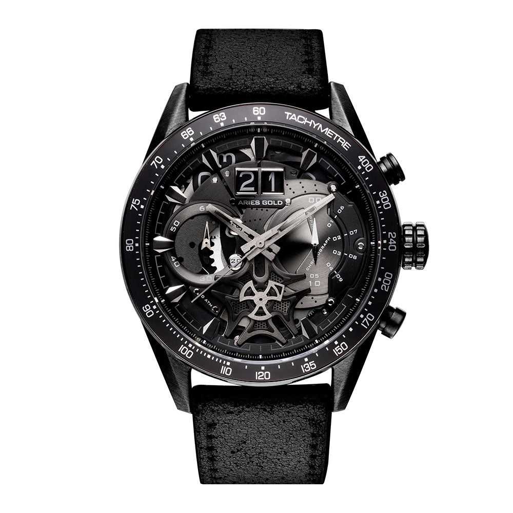 ARIES GOLD Chronograph Men's Watch - Black Stainless Steel Case & Leather Strap - Water Resistant - Perfect for Business, Casual & Formal Occasions