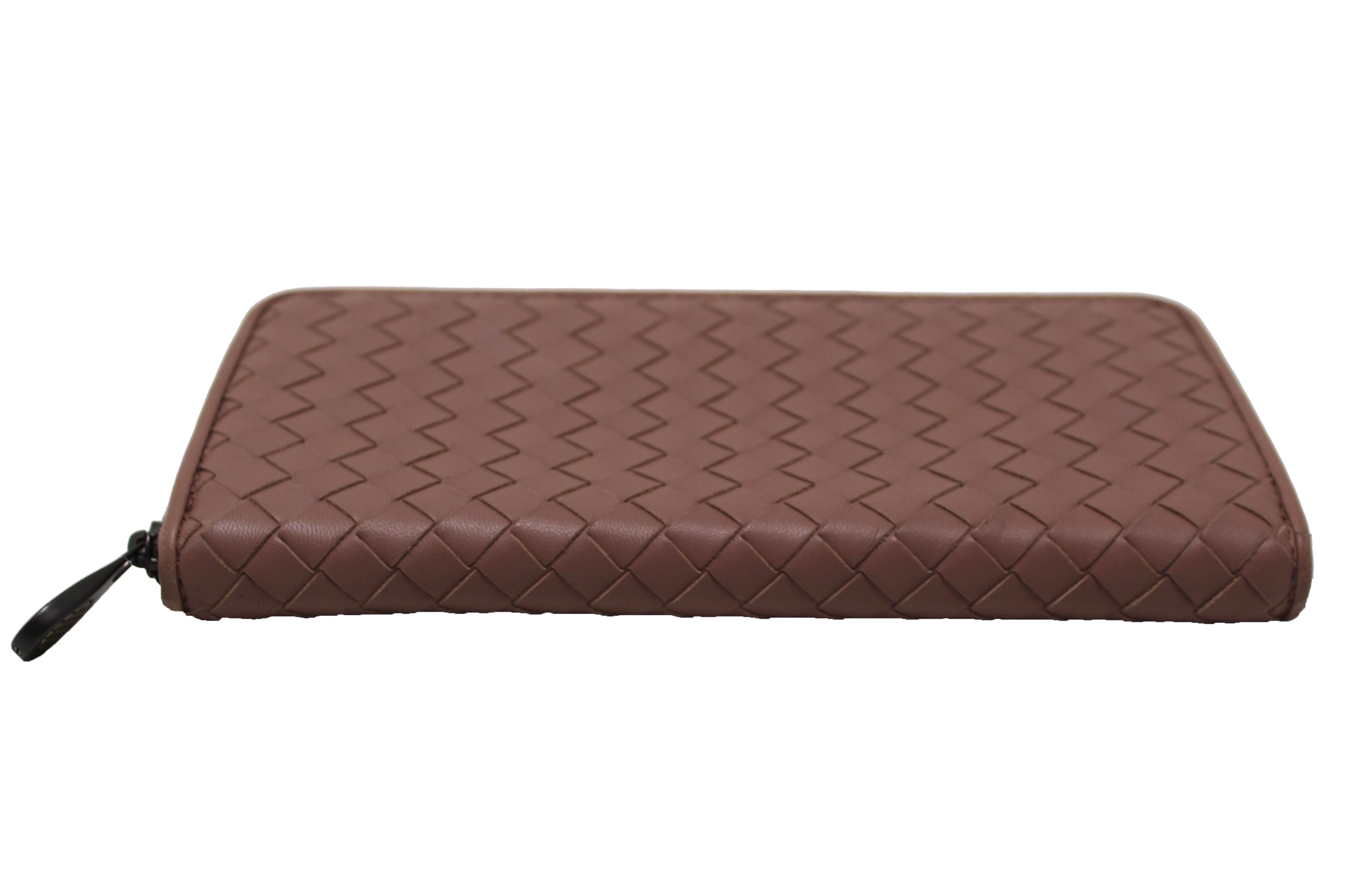 Authentic Bottega Veneta Dusty Rose Nappa Intrecciato Leather Zip Around Wallet for Women - Luxury Designer Wristlet Clutch for Everyday Use & Special Occasions
