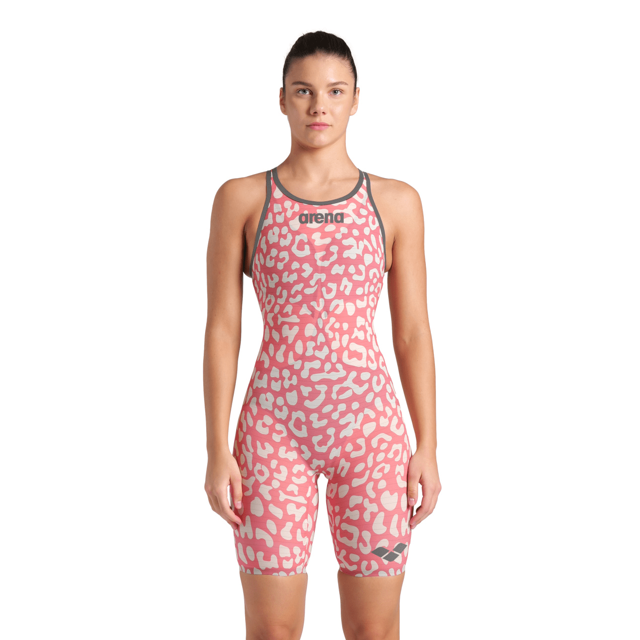 Arena Powerskin Carbon Air 2 Open Back Women's Kneeskin Swimsuit - Limited Edition Leopard Geranium Print - High Performance Competitive Swimwear for Training & Racing