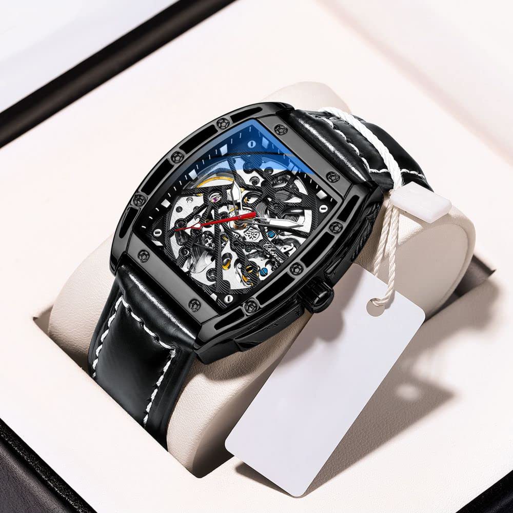 Tiong Sport Men's Automatic Mechanical Watch - Silver & Black Leather Strap Business Watch for Men | Perfect for Office, Formal Events & Everyday Wear