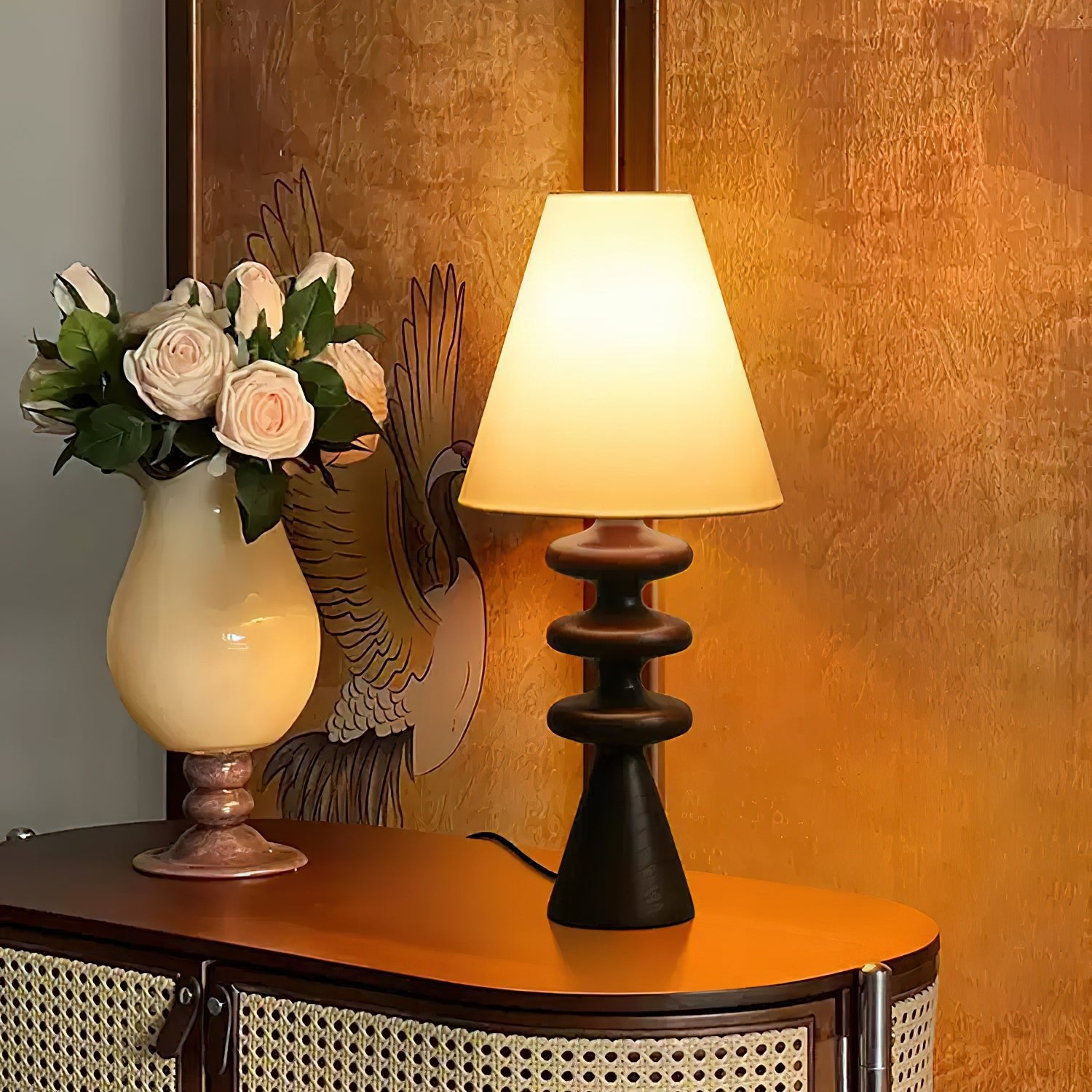 Modern Ripple Wood Table Lamp - Handcrafted Natural Wood Nightstand Light for Bedroom, Living Room, Office - Warm Ambient Lighting for Reading & Relaxation