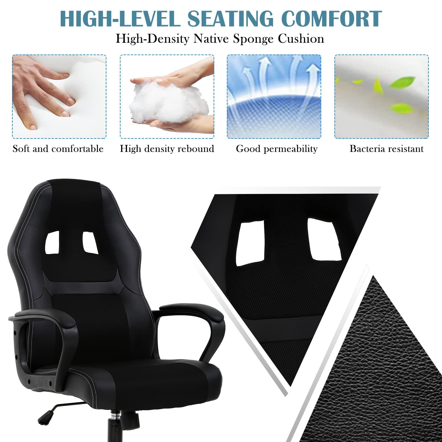 Ergonomic High Back Gaming Chair - Breathable PU Leather Computer Chair with Lumbar Support & Padded Armrests, 250 lbs Capacity - Adjustable Height for PC Gamers & Office Workers - Perfect for Esports, Streaming & Home Office Setup