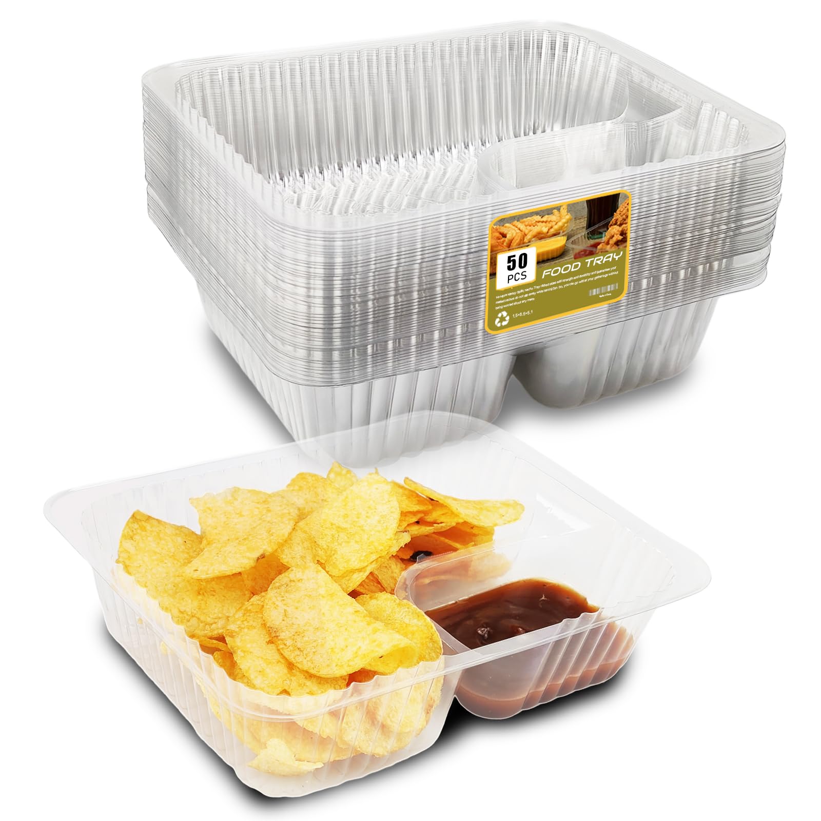 50-Pack Disposable 22oz Plastic Nacho Trays with Chip & Dip Compartments - Clear 6x8 Inch Snack Containers for Parties, Movie Nights, Kids & Game Day Snacks - Perfect for Nachos, Popcorn & Finger Foods