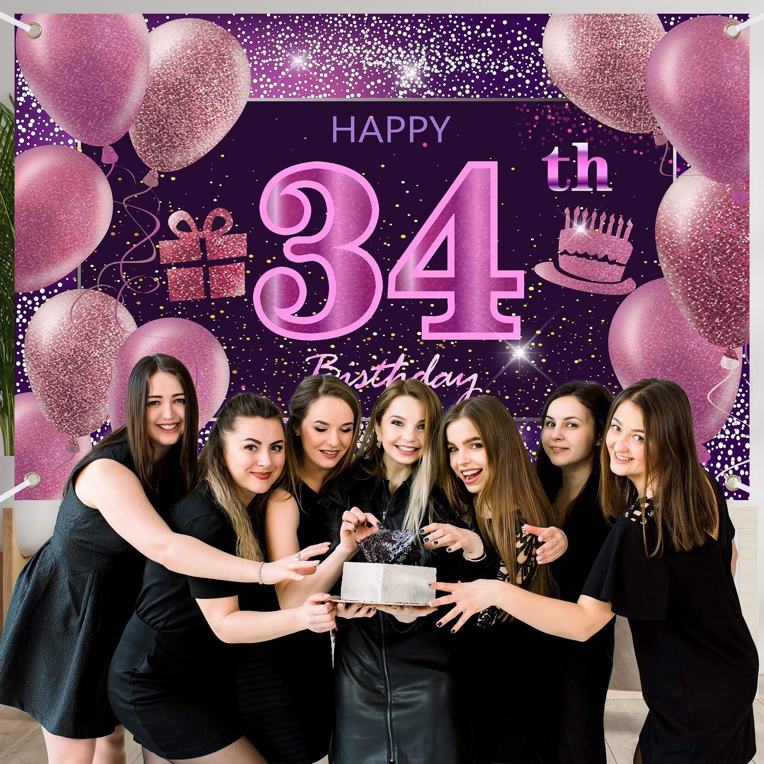 IMISI 34th Birthday Banner & Pink Party Decorations for Women - Happy Birthday Backdrop for Girls' Celebration, Perfect for Birthday Parties & Photo Booths