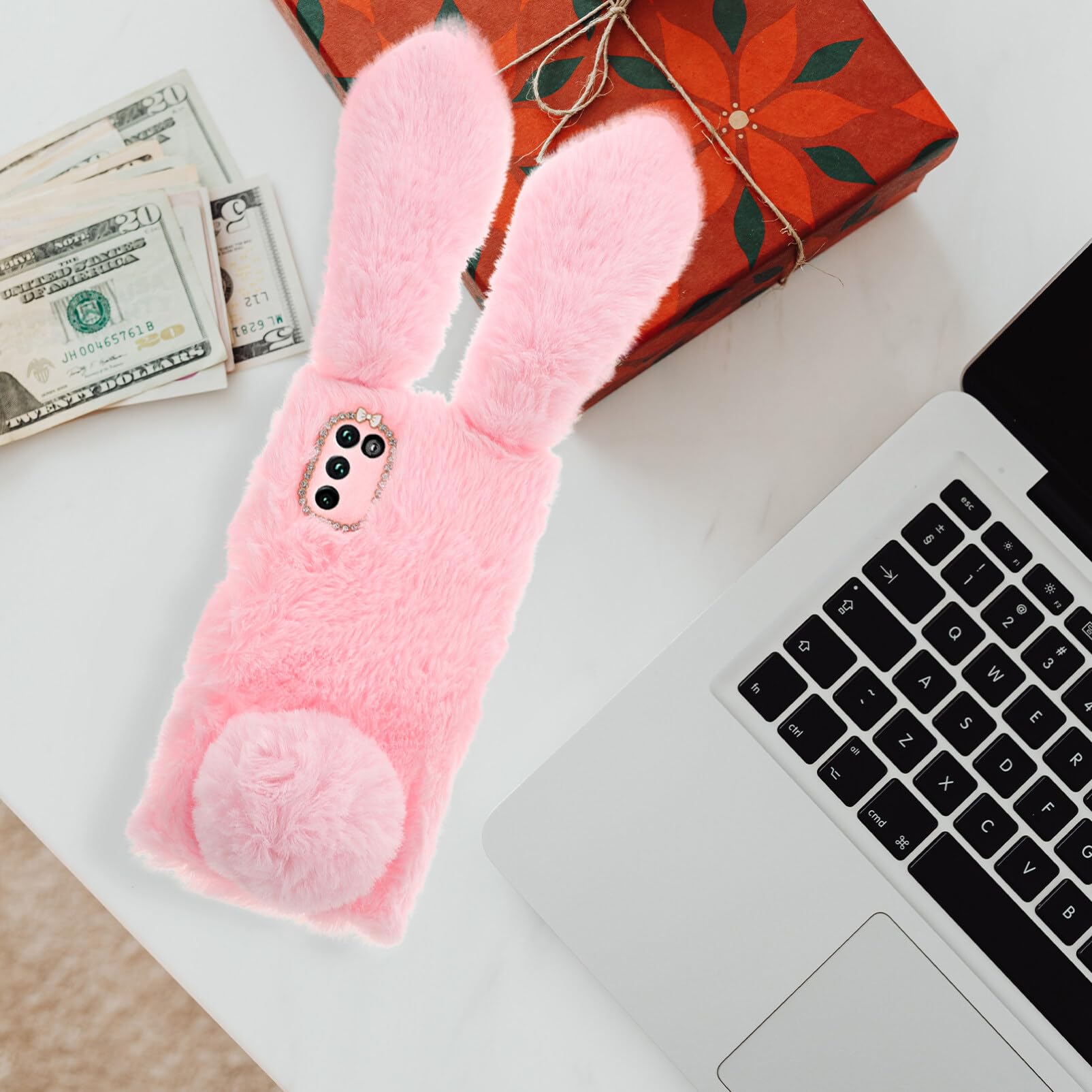 Fluffy Rabbit Plush Phone Case - Cute Cartoon Soft Phone Cover for Samsung Galaxy A03s - Pink Protective Shell for Girls & Teens - Perfect for School, Work & Everyday Use