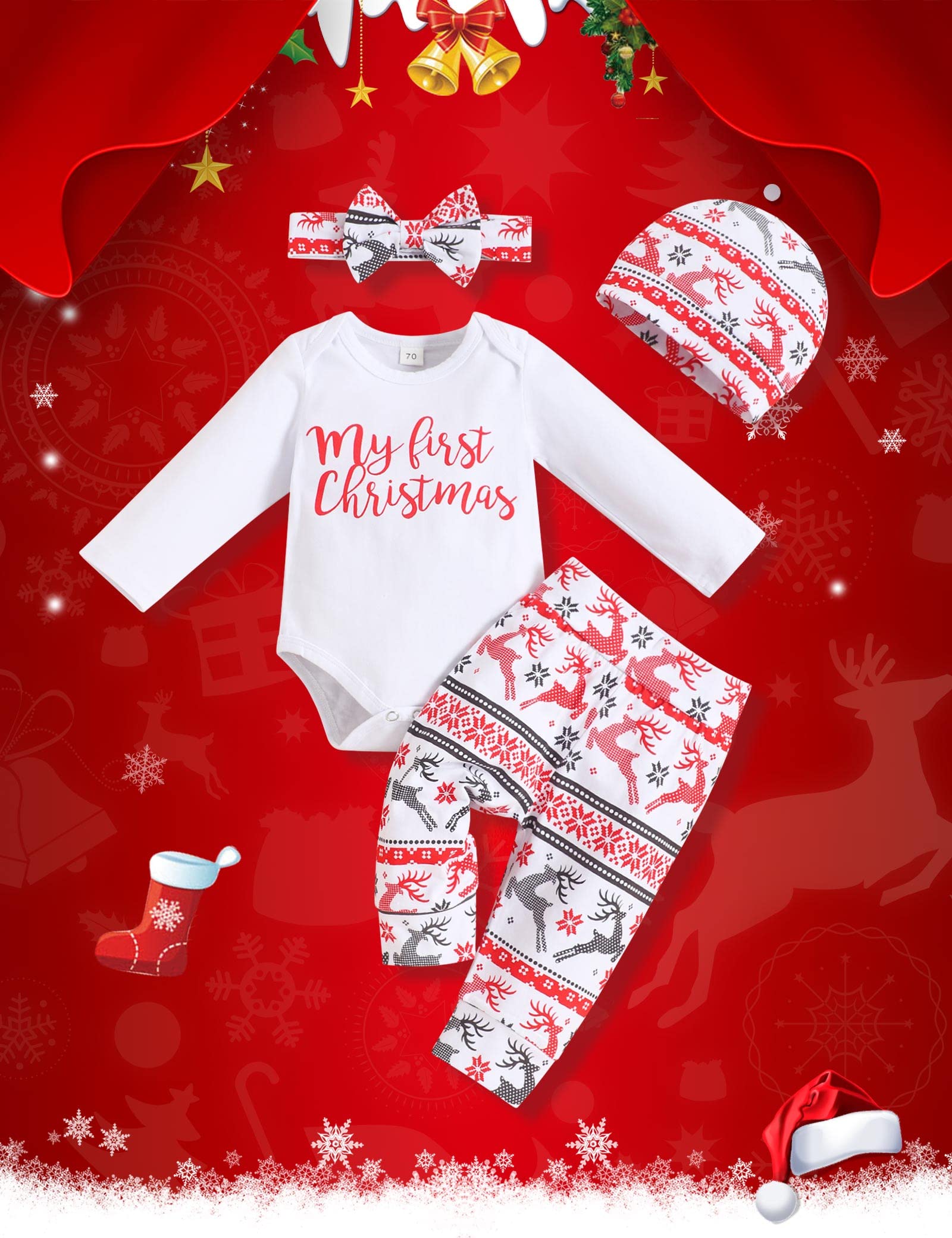Adorable Newborn Baby Girl Christmas Outfits - Ruffle Sleeve Top & Santa Pants Set with Headband | Perfect for Holiday Photos, Family Gatherings & First Christmas Celebrations