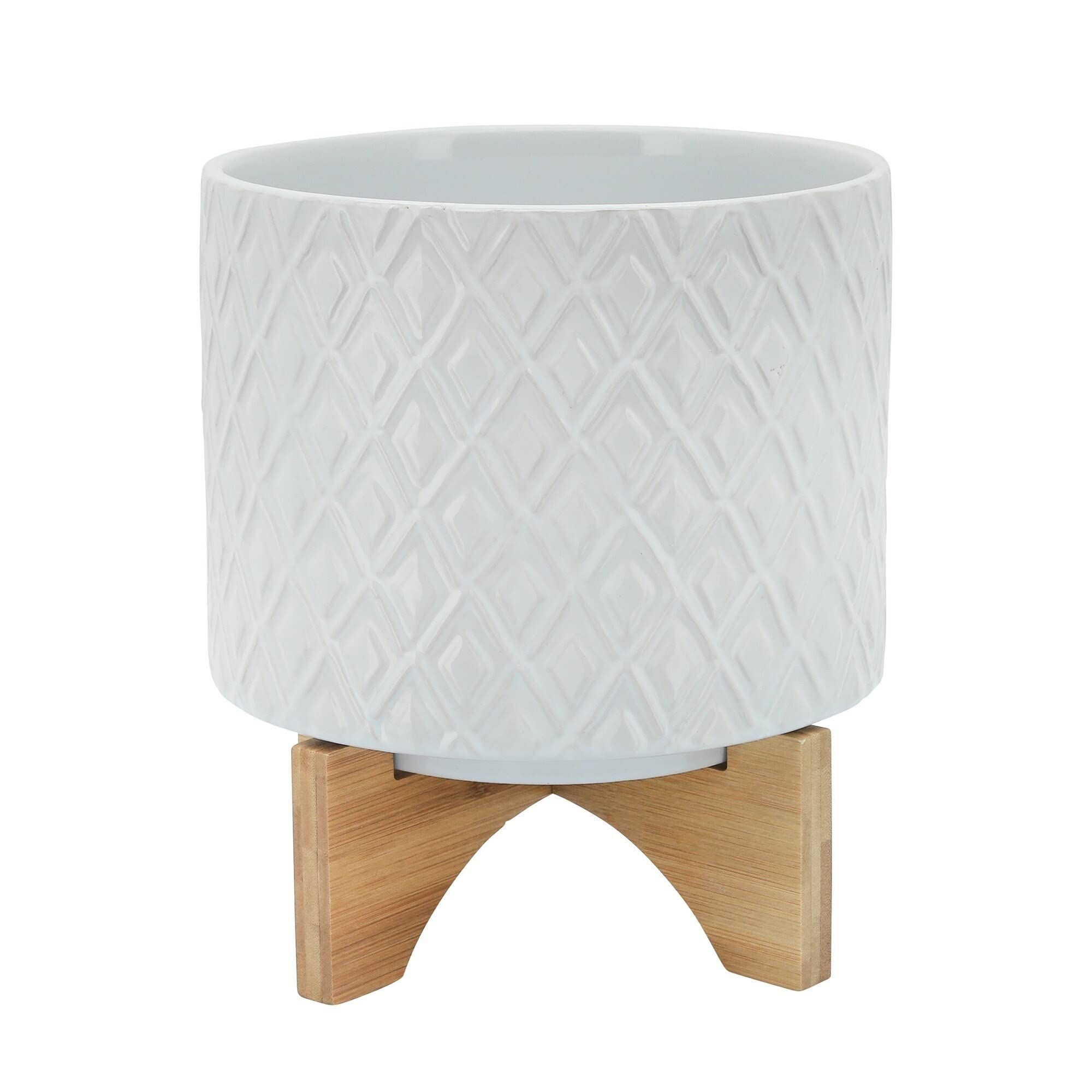 Modern White Ceramic Planter with Diamond Pattern - Round Contemporary Flower Pot with Wooden Stand - Perfect for Home Decor, Office Plants & Indoor Gardening