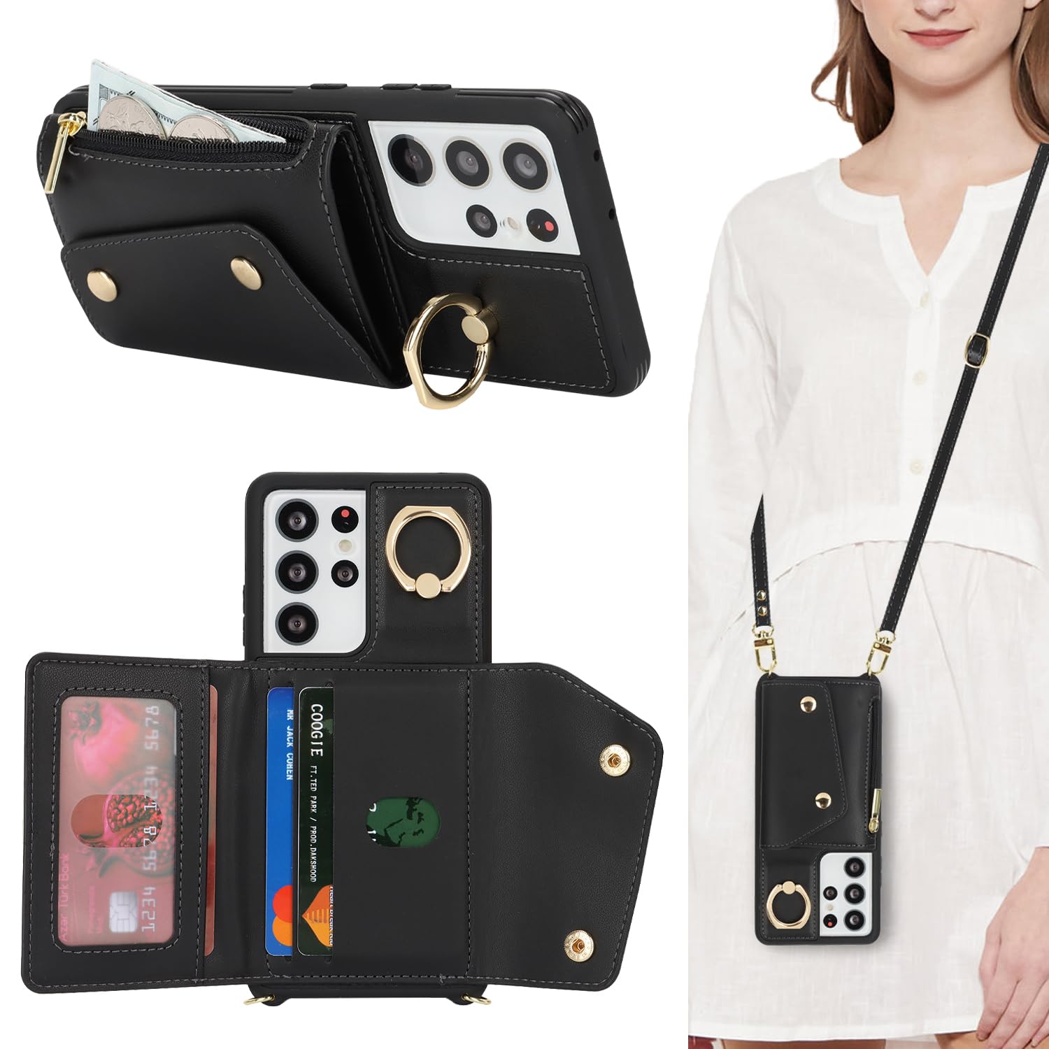 Samsung Galaxy S21 Ultra Wallet Case with Card Holder, Zipper Pocket & Crossbody Strap - 6.8 Inch Phone Wallet with Stand Ring for Women | Perfect for Travel, Shopping & Everyday Use (Black)