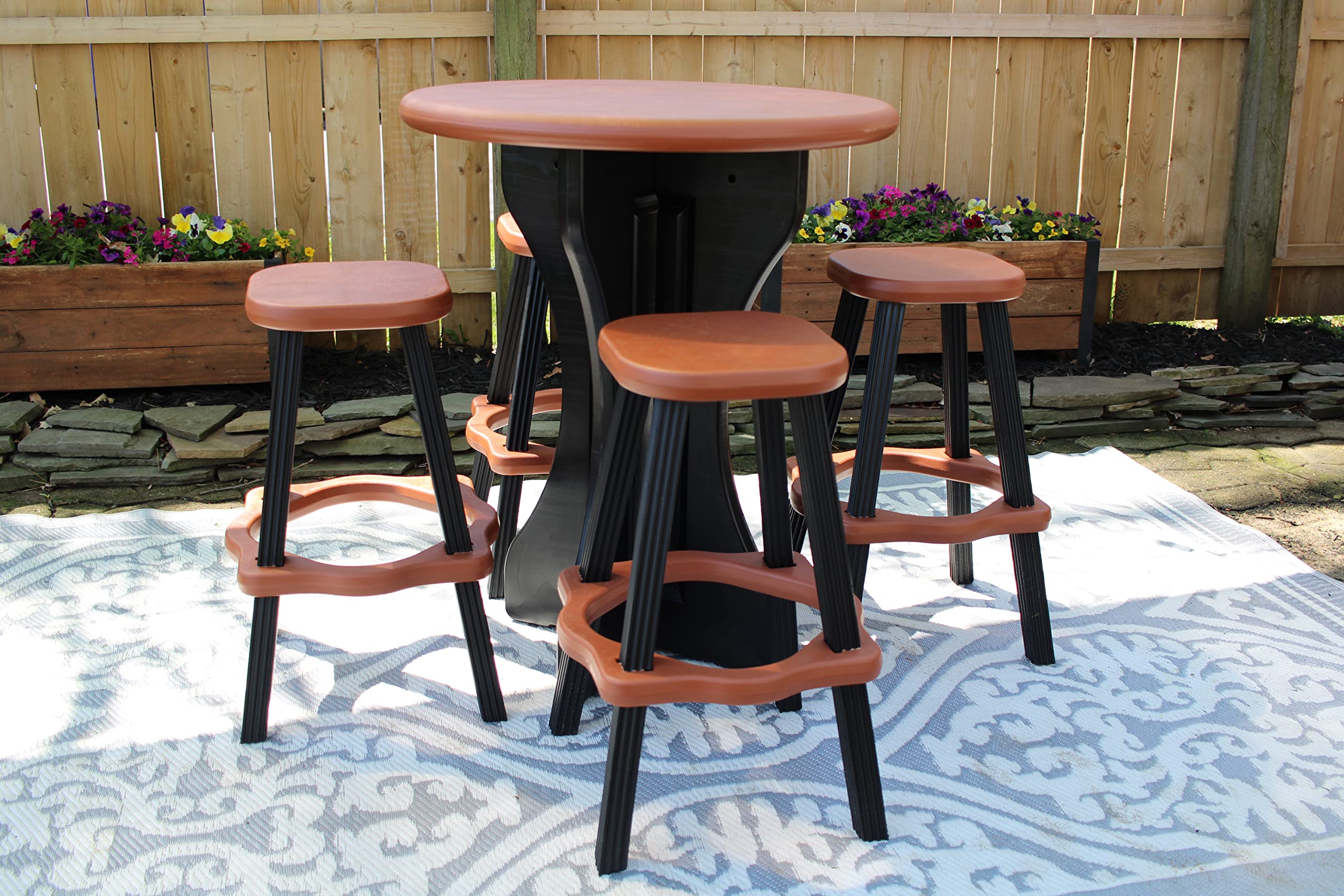 Patio Table Set with 4 Barstools - Black Base & Redwood Accents - Easy Assembly Outdoor Dining Furniture - Made in USA - Perfect for Backyard, Deck, Garden & Poolside Gatherings