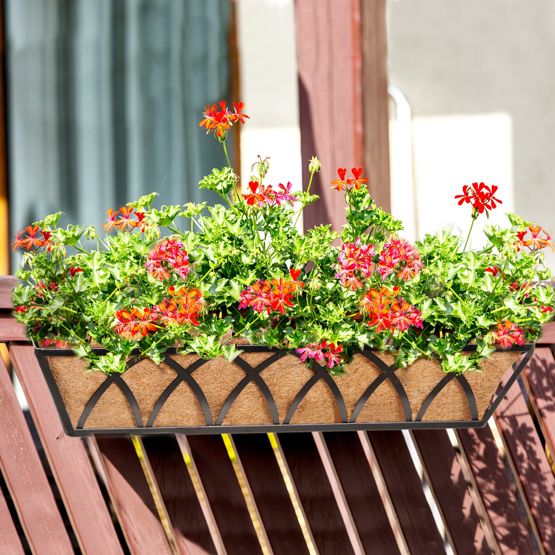 24 Inch Window Deck Planter Box with Coco Liner - 4 Pack Metal Hanging Flower Basket for Outdoor Garden, Lawn & Fence Decor - Perfect for Railing, Deck & Window Box Gardening