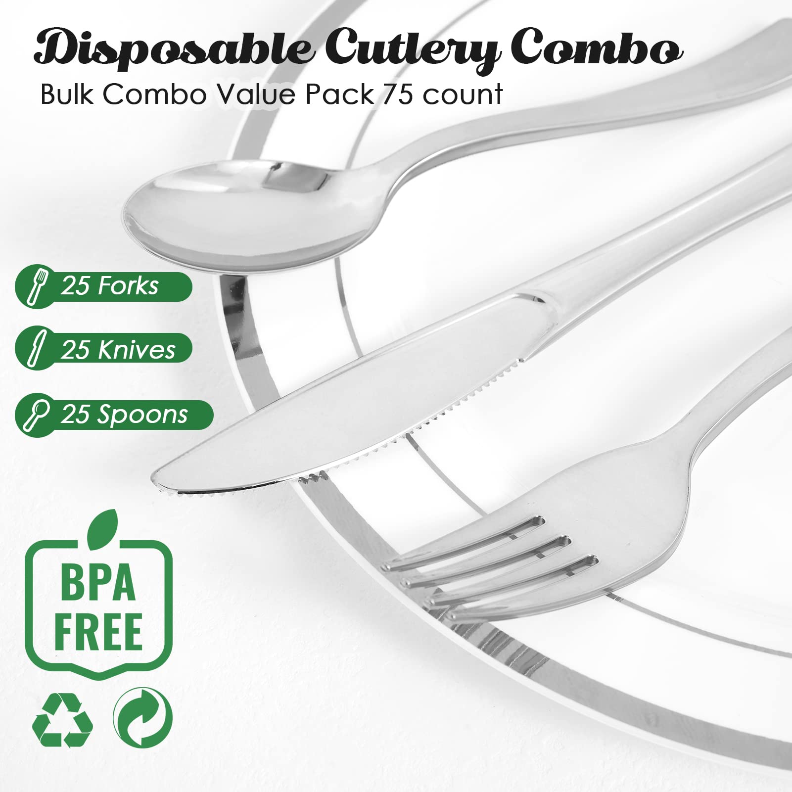 FOCUSLINE 75-Pack Heavy Duty Disposable Plastic Silverware Set - 25 Forks, 25 Knives, 25 Spoons - Durable Plastic Cutlery for Catering, Parties, Weddings & Events - Perfect for BBQs, Picnics, Office Lunches & Family Gatherings