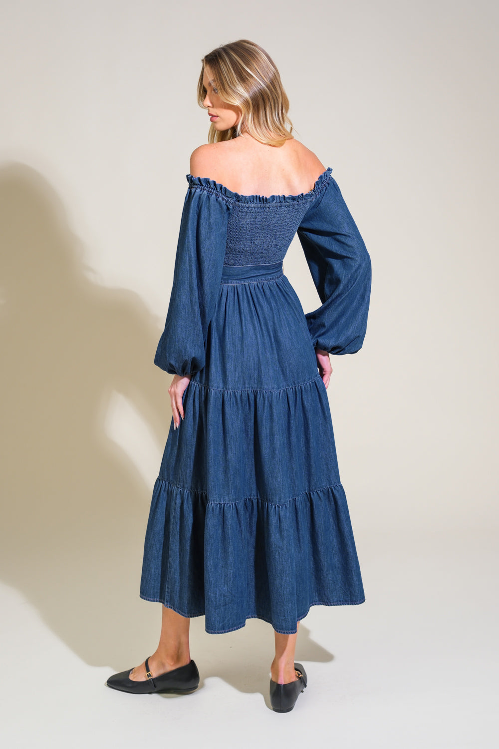 Stylish Off Shoulder Denim Midi Dress with Long Sleeves - Women's Fashion Casual & Party Wear for Date Night or Weekend Outings