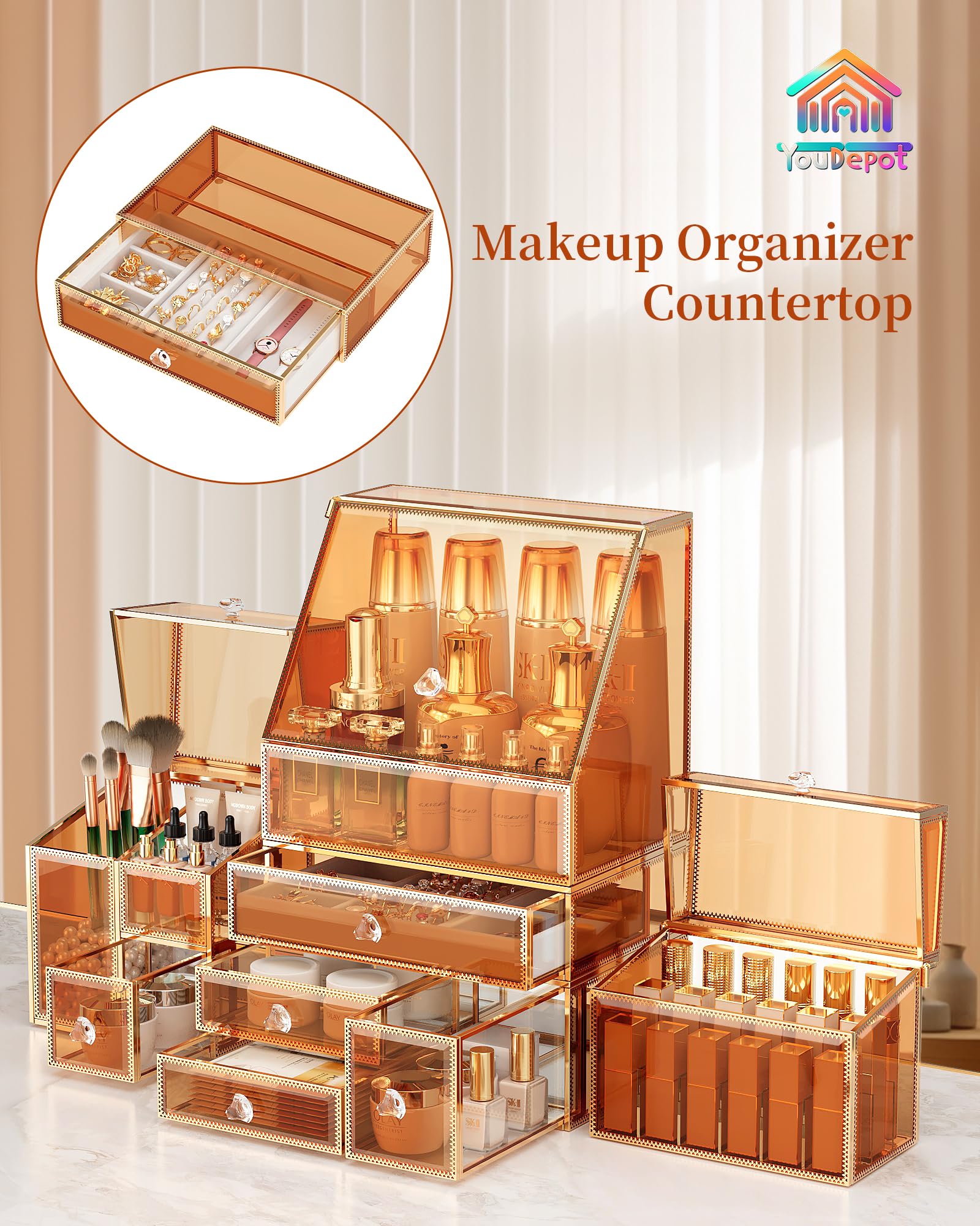 Elegant Tempered Glass Vanity Makeup Organizer - Stackable Cosmetic Storage for Bathroom Countertop, Skincare, Jewelry, Lipstick, Perfume & Makeup Brushes - Perfect Organizing Gift for Home, Spa & Travel