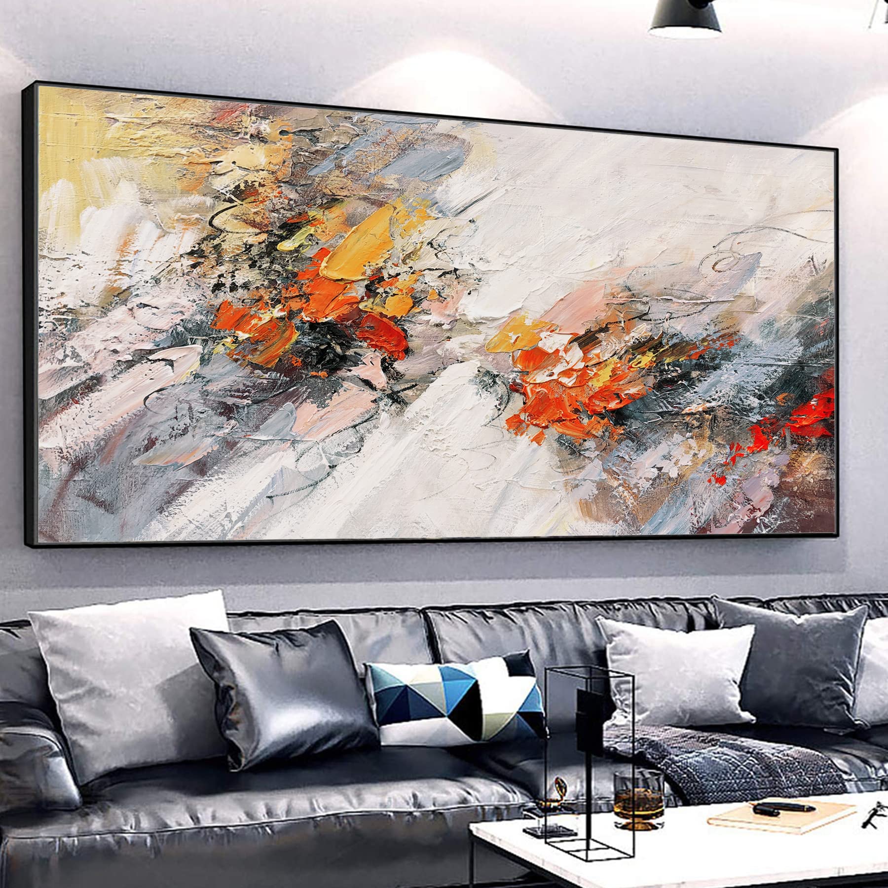 Handmade Abstract Canvas Painting - Beige & Teal Orange Textured Wall Art for Bathroom Decor | Original Modern Artwork for Living Room, Bedroom & Office