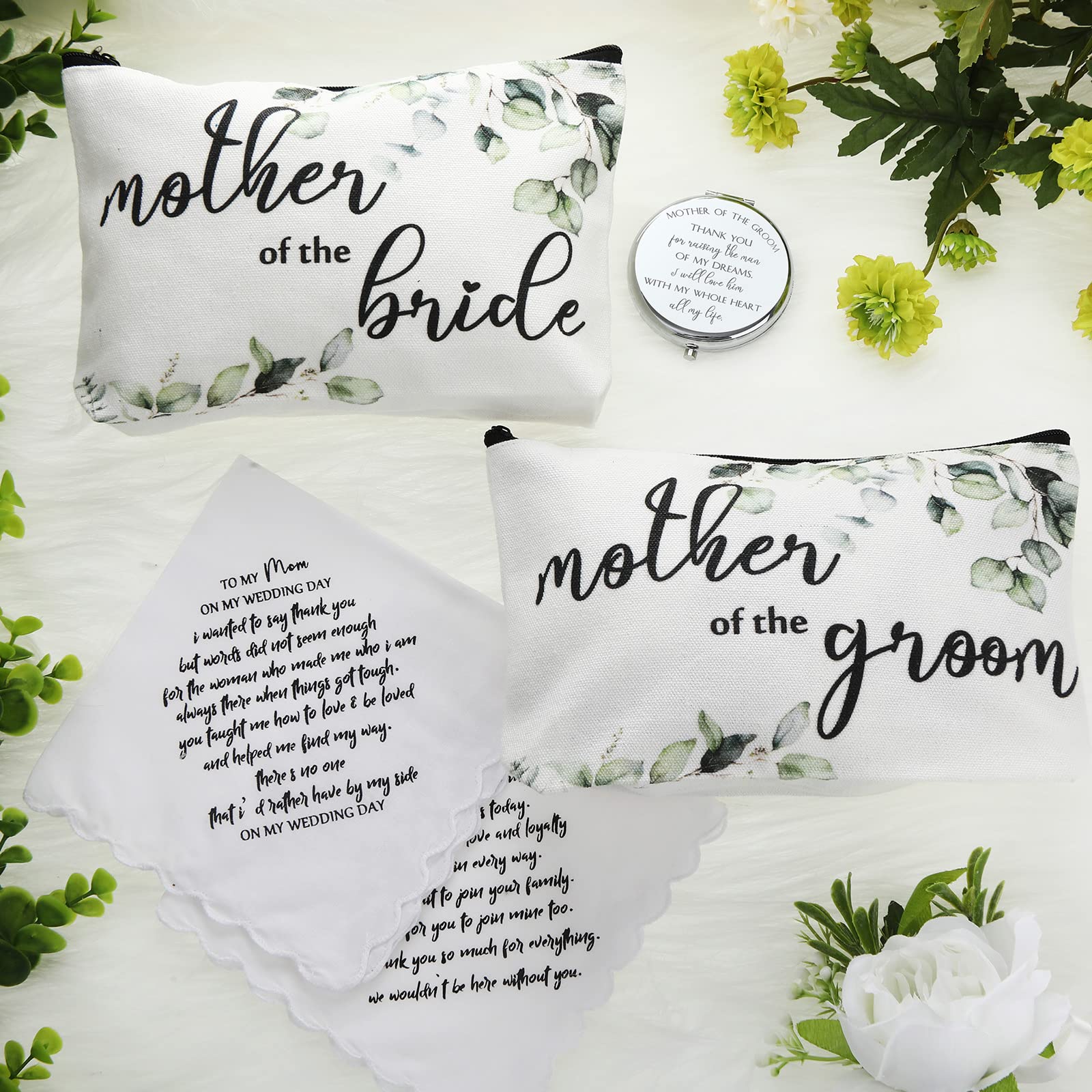 6-Piece Mother of the Bride/Groom Gift Set - 2 Cosmetic Bags, 2 Makeup Mirrors & 2 Elegant Handkerchiefs - Perfect for Weddings, Engagements & Bridal Showers - Thoughtful Present for Moms & Special Women in Your Life