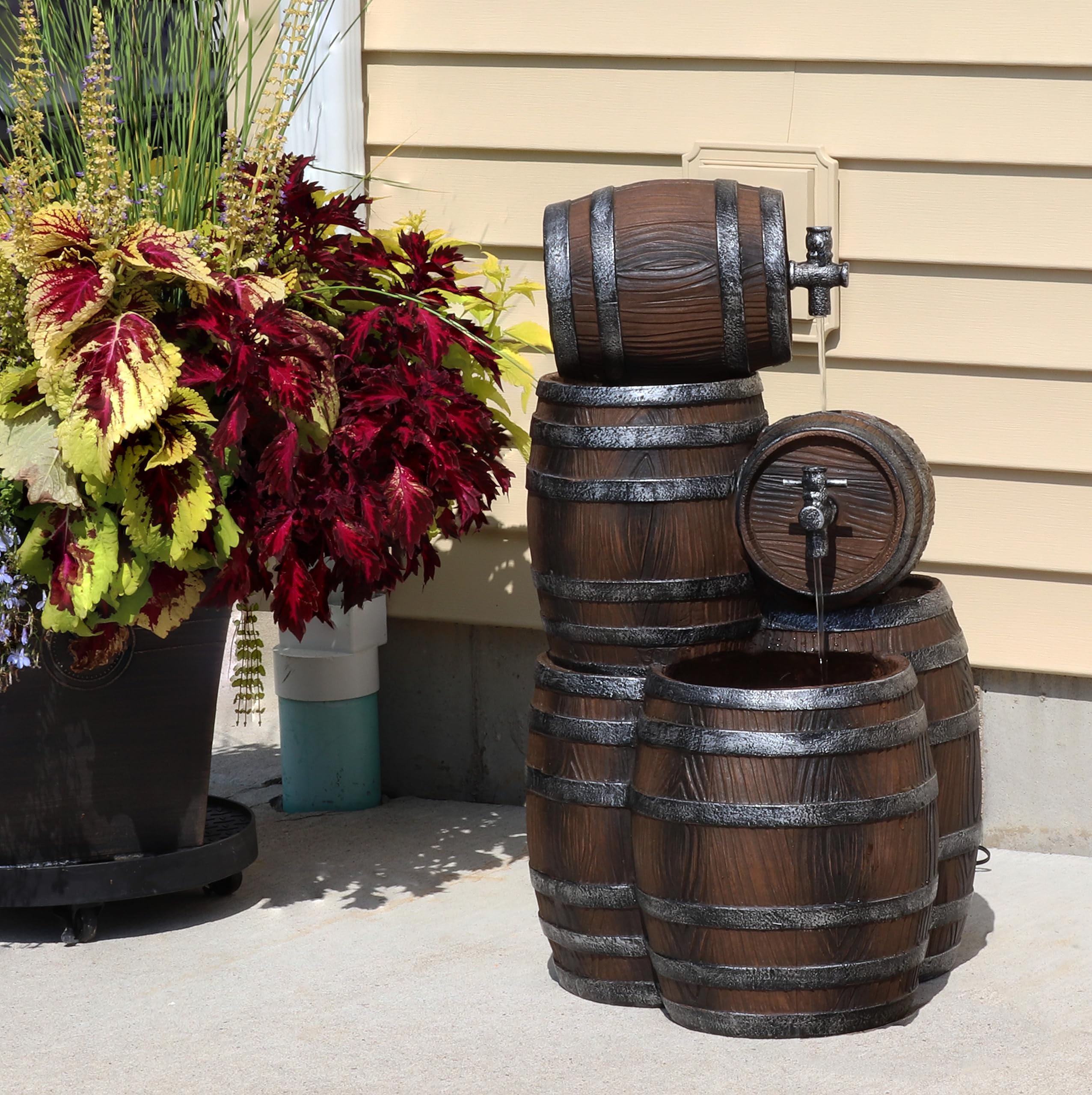 Sunnydaze 29-Inch Whiskey Barrel Outdoor Water Fountain with LED Lights & Adjustable Flow Electric Pump - Perfect for Garden, Patio, and Backyard Decor