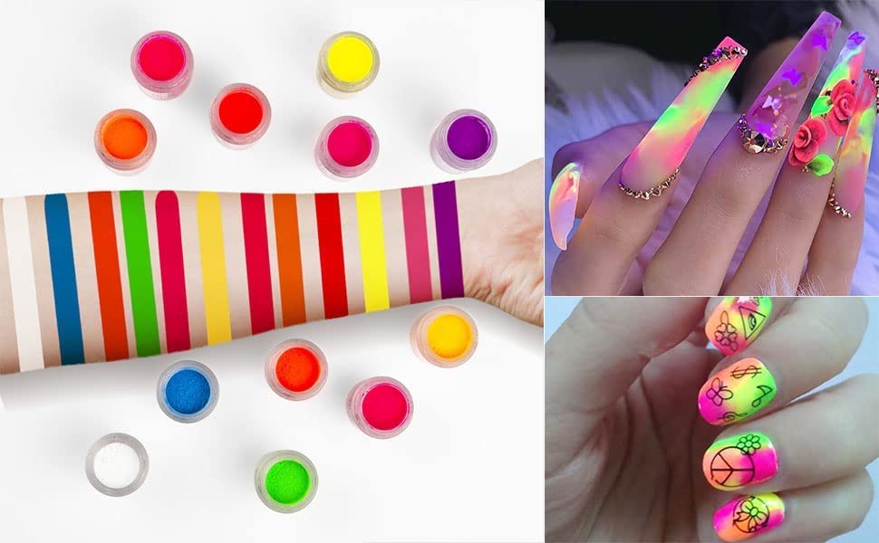 KIRA Neon Pigment Eyeshadow & Nail Powder Set - 12 Vibrant Fluorescent Colors for Face, Body Makeup & Nail Art | Perfect for Festival, Rave, Cosplay & UV Party Glow Looks