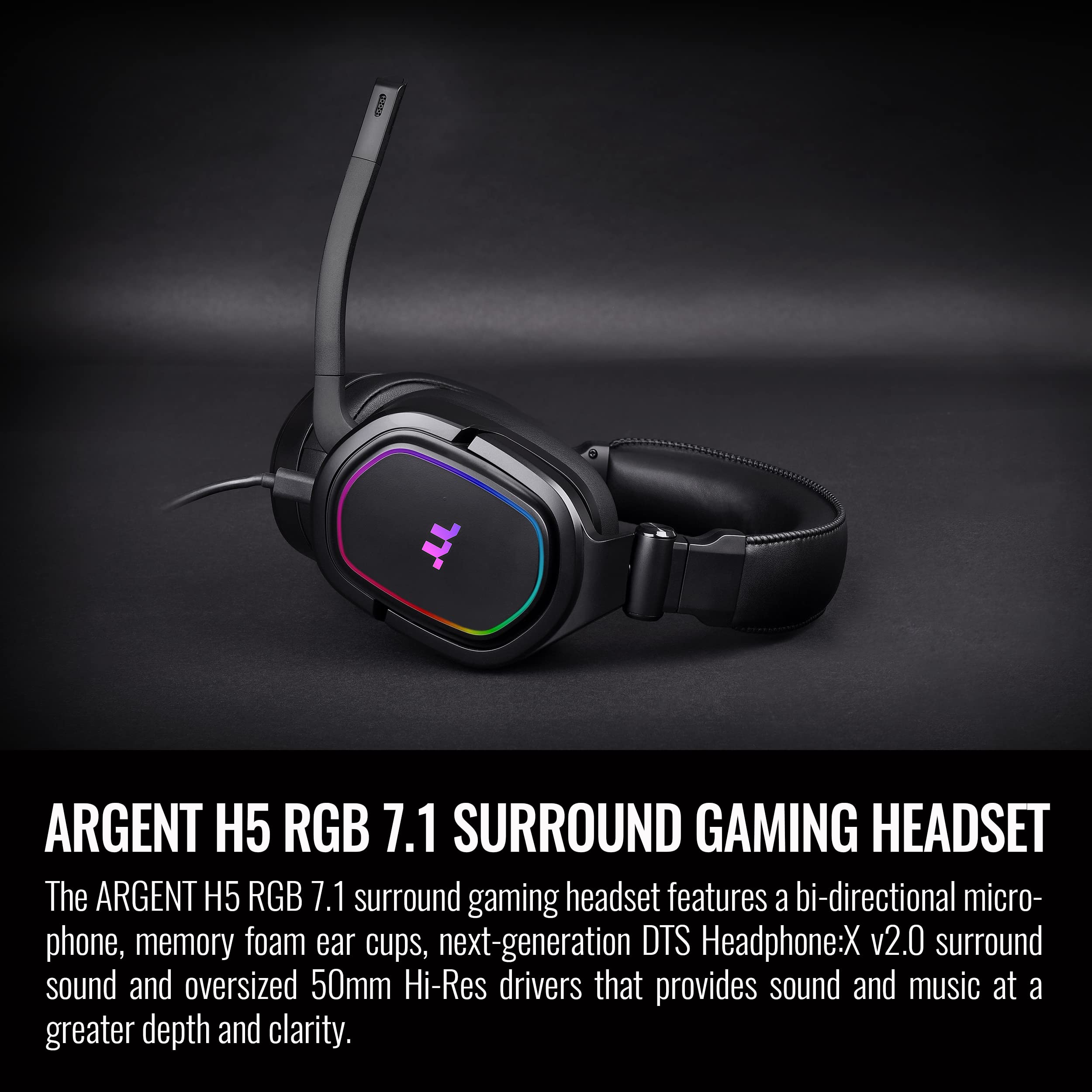 Thermaltake Argent H5 RGB 7.1 Surround Sound Gaming Headset with 50mm Hi-Res Drivers - Compatible with PC, Xbox One, PS4, Mac, Mobile & Nintendo Switch - Black (GHT-THF-DIECBK-31) - Perfect for Competitive Gaming, Streaming & Virtual Meetings