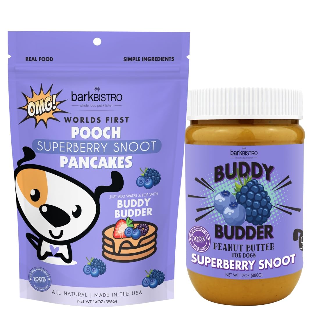 Superberry Snoot BUDDY BUDDER + POOCH PANCAKES - All-Natural Dog Pancake & Waffle Mix for Treats, Birthdays & Special Occasions - Made in USA - Perfect for Dog Parties, Training Rewards & Homemade Dog Treats