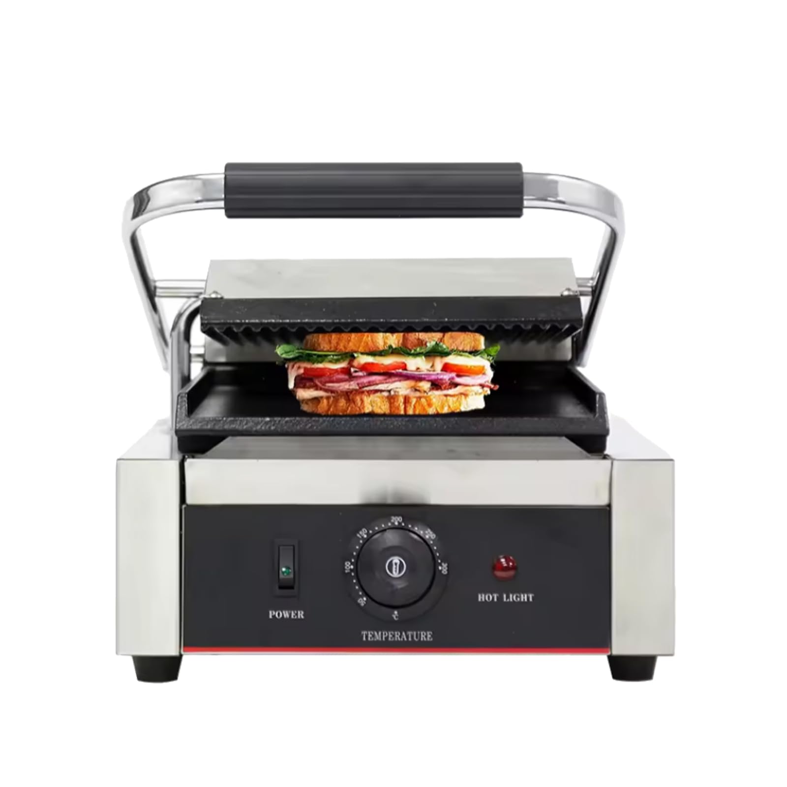 Commercial Panini Press with Grooved Grill - Electric Sandwich Maker & Contact Grill for Restaurants (Single Grooved Top & Smooth Bottom) - Perfect for Paninis, Grilled Cheese, Burgers & More