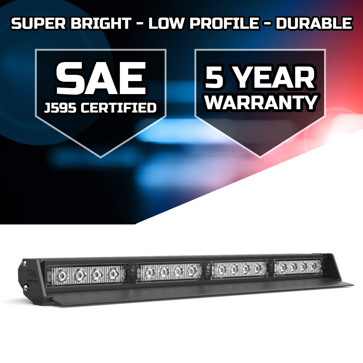 SpeedTech Lights Striker TIR 4-Head High Intensity LED Strobe Light Bar - Red/Blue Emergency Vehicle Warning Lights with Windshield & Dash Mount | For Police Cars, Tow Trucks & Construction Vehicles | Cigarette Lighter Plug Included