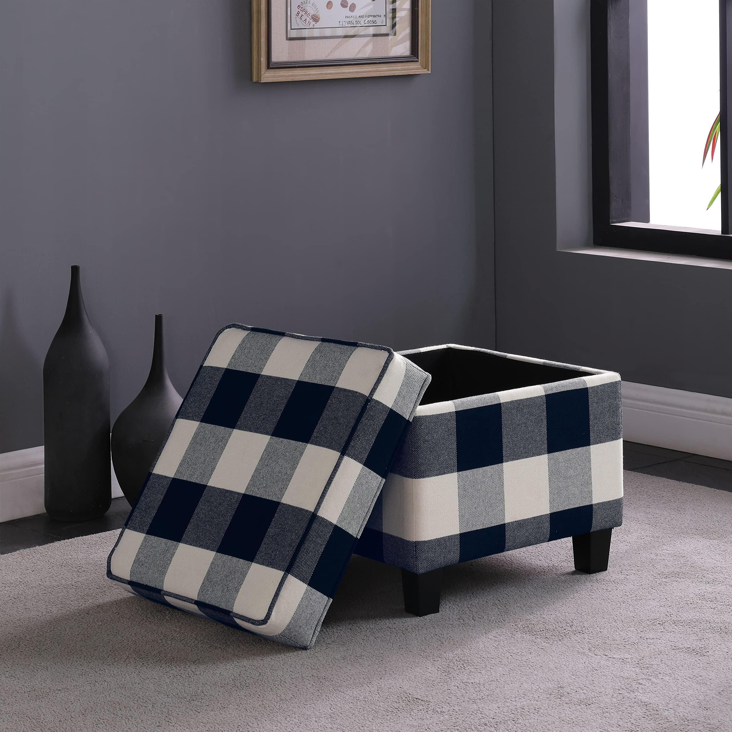 HomePop Classic Square Storage Ottoman with Lift Off Lid - Large Black Plaid Ottoman for Living Room & Bedroom | Home Decor Storage Bench for Shoes, Blankets & Toys | Perfect for Small Space Organization
