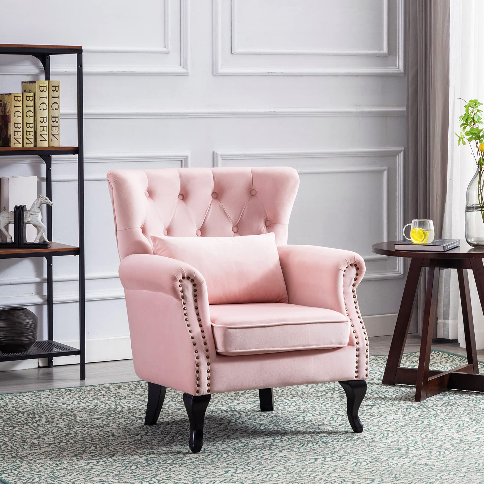 Mid-Century Modern Accent Reading Arm Chair - Velvet Pink Wingback Club Chair with Button Tufted Back & Lumbar Pillow - Comfy Corner Sofa for Living Room, Bedroom, Office Waiting Area - Perfect for Relaxing, Reading & Lounge Spaces