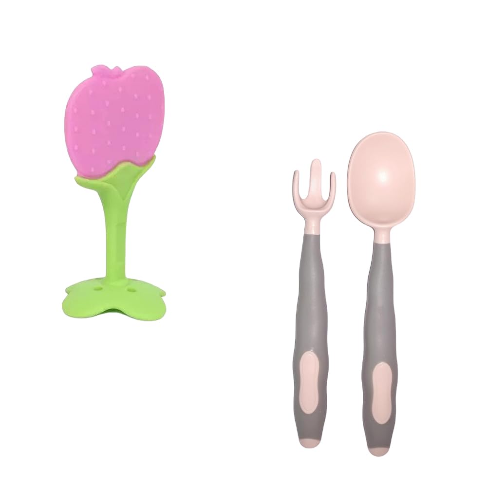 Kritiu BPA-Free Silicone Teether & Baby Spoons Set - Safe Infant Teething Toys & Feeding Utensils for Babies 6+ Months - Soft Chewable Teethers & Spoons in Pink & Peach | Perfect for Soothing Sore Gums & Introducing Solid Foods