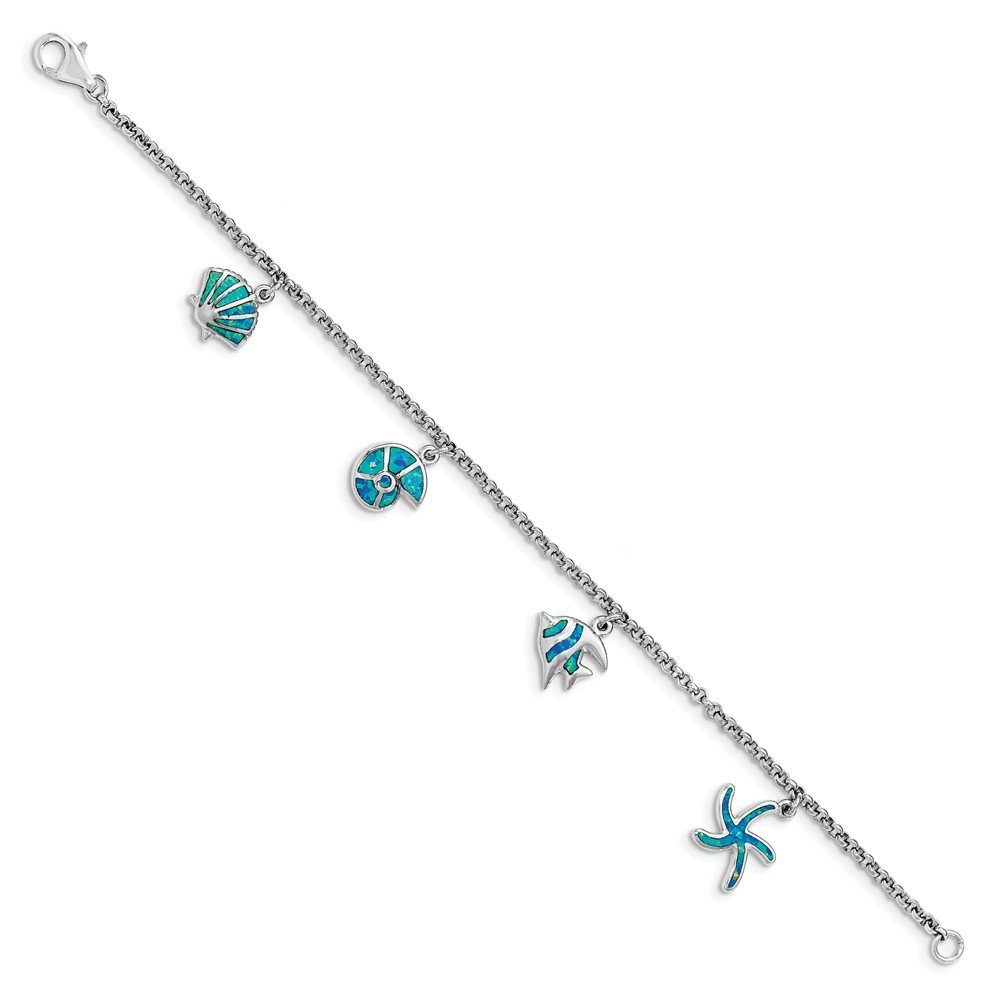 925 Sterling Silver Blue Simulated Opal Fish & Shell Charm Bracelet - 7.25 Inch Adjustable Ocean Theme Jewelry for Beach Vacation, Gift Giving & Boho Fashion