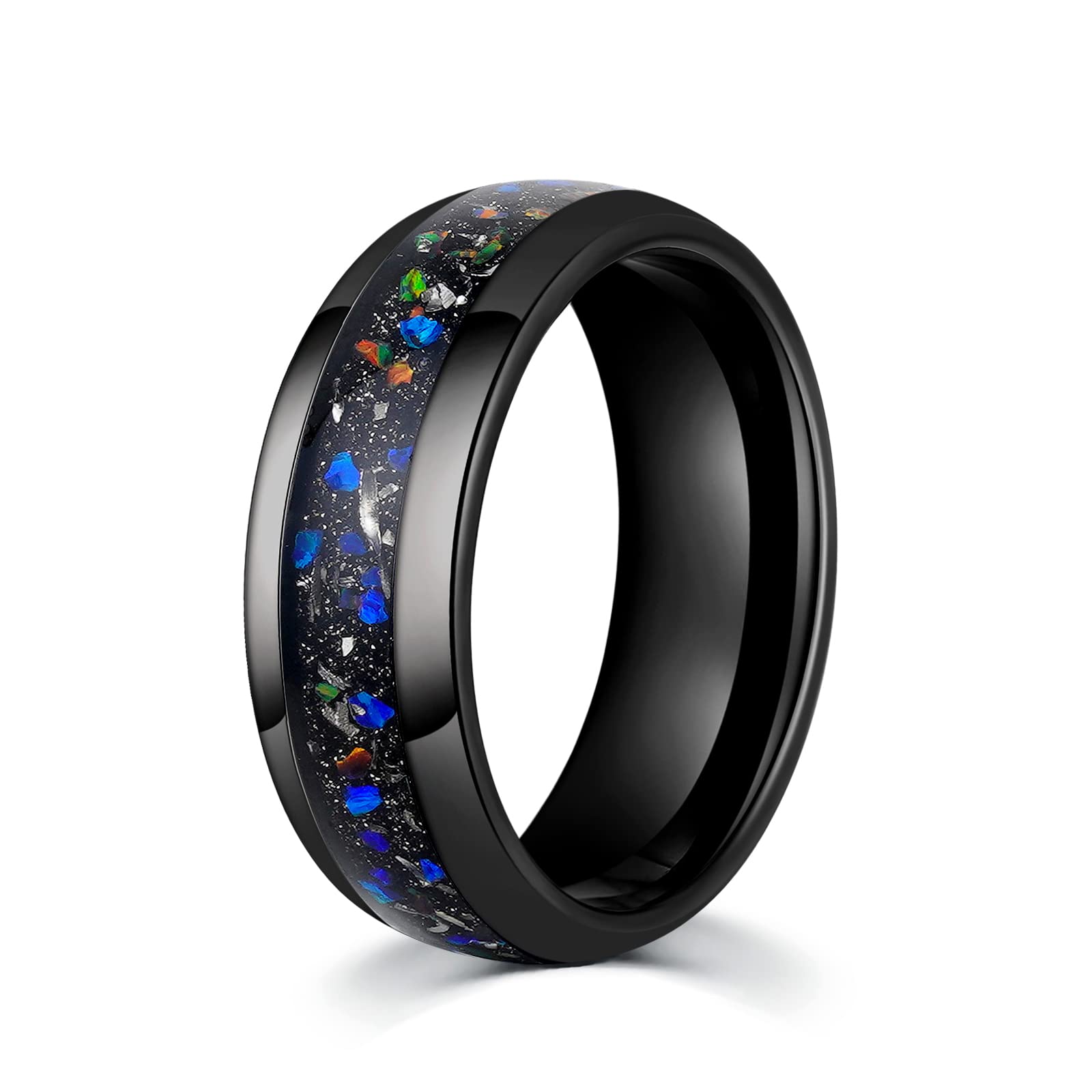 Black Tungsten Men's Wedding Band with Galaxy Opal & Meteorite Inlay - 8mm Comfort Fit Ring for Men - Perfect for Weddings, Anniversaries & Gifts