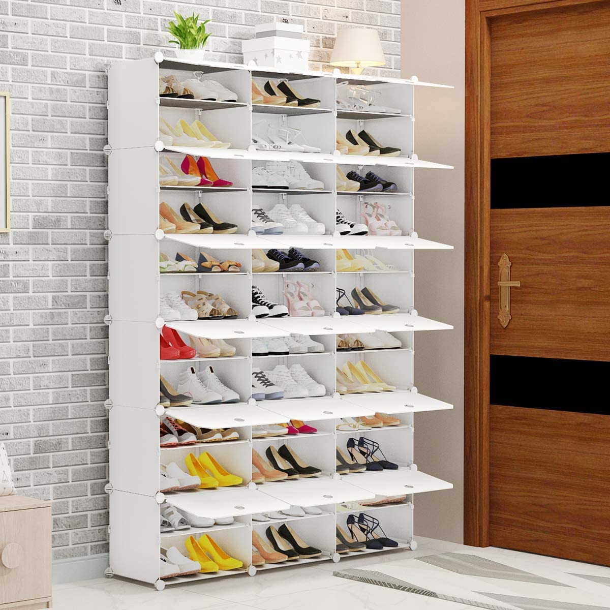 Aeitc 72 Pair Shoe Storage Shelf Organizer - White Plastic Shoe Rack with Doors for Entryway, Closet & Mudroom | Space-Saving DIY Shoe Cabinet for Home Organization