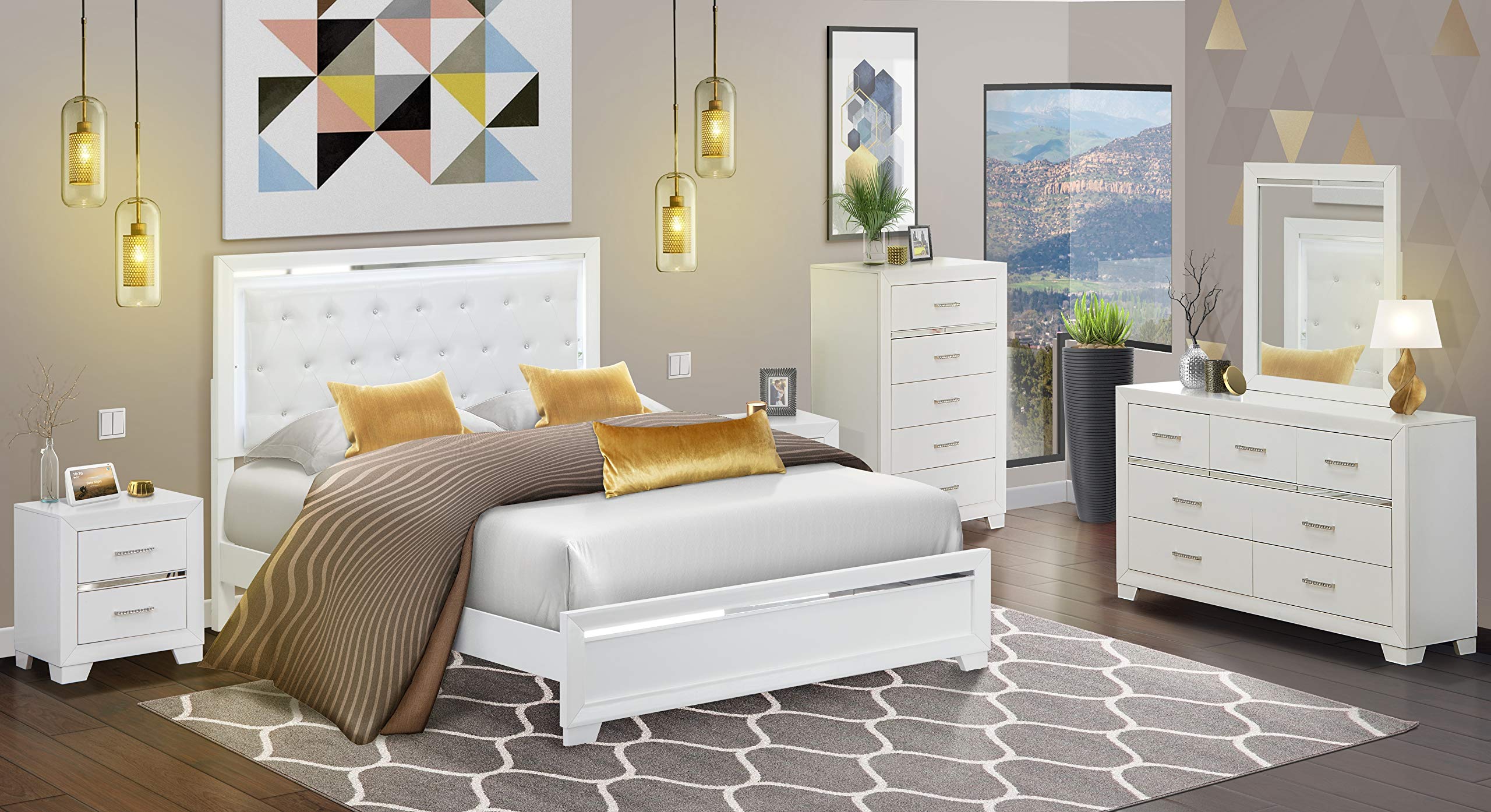 East West Furniture Pandora 6-Piece Queen Size Bedroom Set - Adjustable LED Headboard Bed, 2 Nightstands, Dresser, Mirror & Chester Drawers in White Wood | Perfect for Modern Bedrooms, Guest Rooms & Apartment Decor