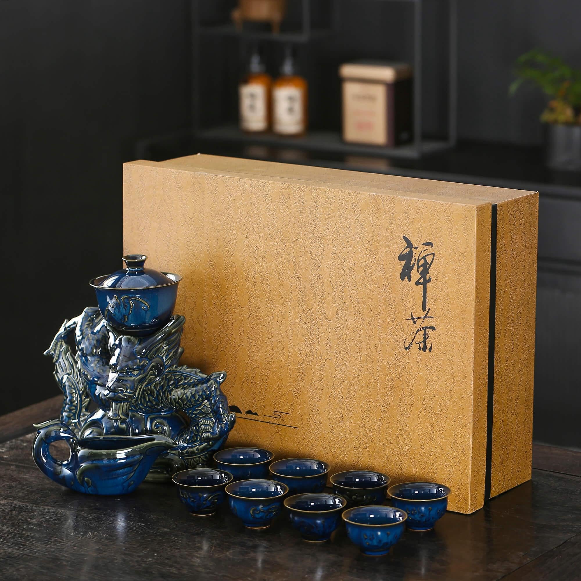 Premium Semi-Automatic Dragon Teapot Set with Infuser & 8 Small Cups - Blue Chinese Ceramic Tea Brewing Kit for Home, Office & Gifting | Traditional Gongfu Tea Ceremony Accessories