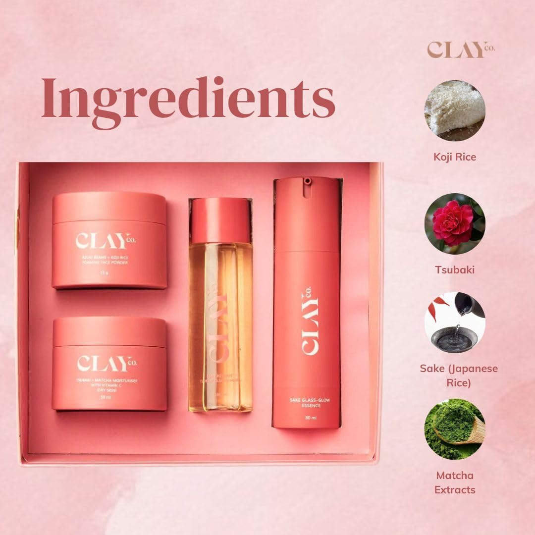 CLAYCO Kyoto AM/PM Skincare Set for Normal Skin - Japanese Beauty Routine with Sake Essence, Tsubaki Cleansing Oil, Azuki Bean Face Wash & Matcha Moisturizer | Daily Hydration & Radiance Boost for Glowing Skin