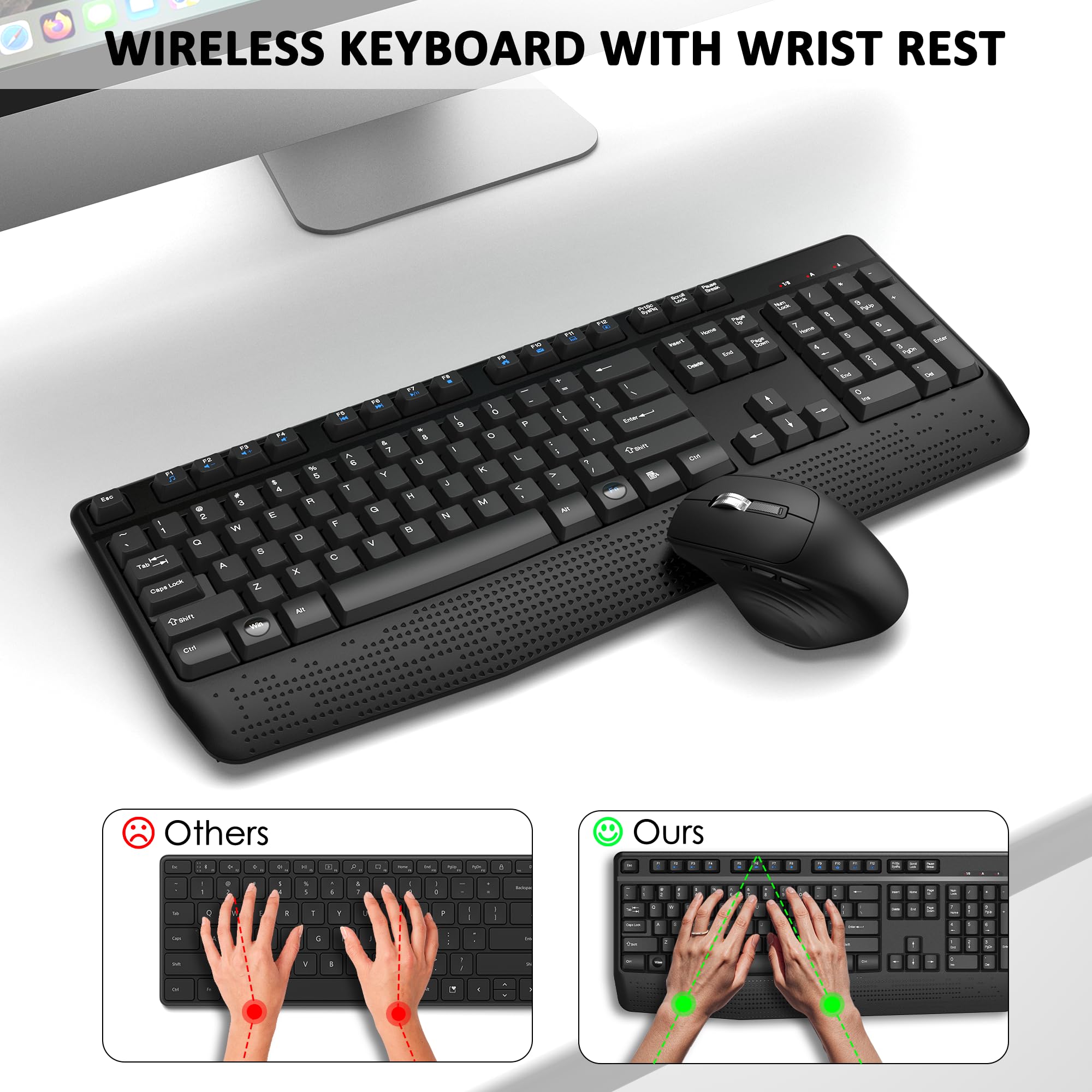QUASIO Wireless Keyboard and Mouse Combo - Full Size Ergonomic Keyboard with Wrist Rest & 3-Level DPI Adjustable Optical Mouse for Windows/Mac, Compatible with PC, Laptop, Tablet - Perfect for Office, Gaming, and Home Use