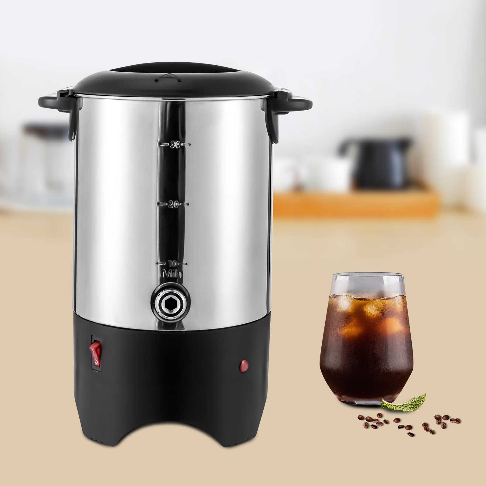 Commercial Grade Stainless Steel 30-Cup (5.2L) Electric Coffee Urn with Plastic Filter & Faucet - 1KW Fast Heating Coffee Maker & Hot Water Dispenser for Home, Office, Wedding, Catering & Large Gatherings - Perfect for Parties, Events and Hospitality Use