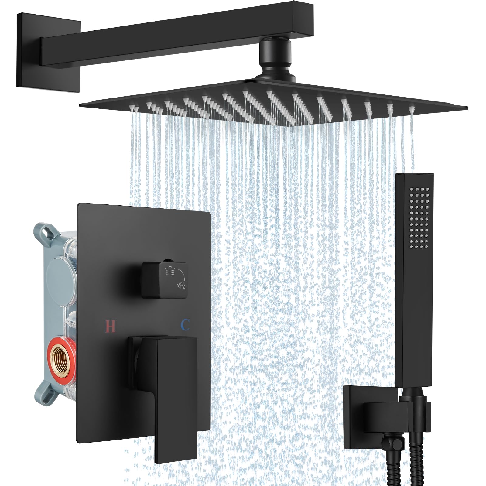 Midanya 10 Inch Square Rainfall Shower System - Matte Black Wall Mount Shower Head with Hand Sprayer, Rough-in Valve & Bathroom Mixer Trim Kit - Perfect for Modern Luxury Bathrooms and Spa-Like Shower Experience