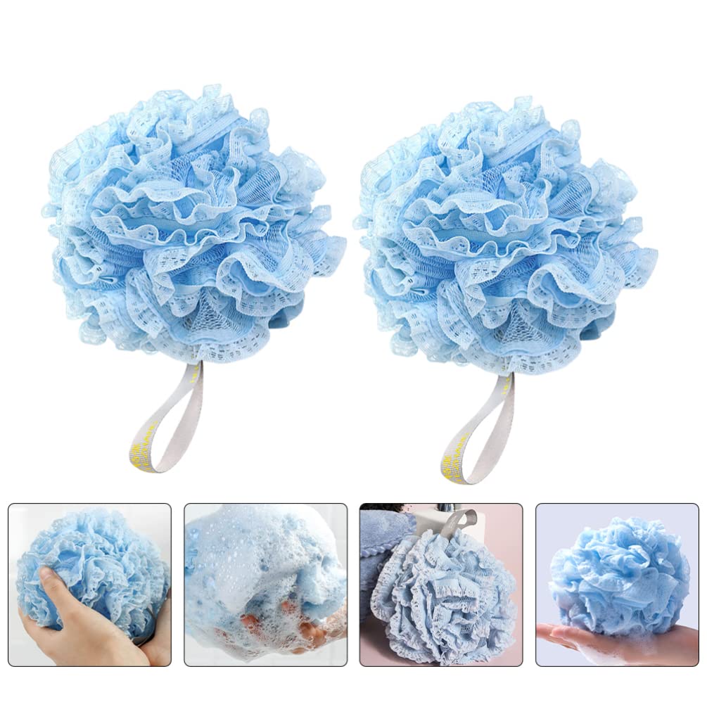 SOLUSTRE 3-Pack Soft Mesh Bath Sponges - Exfoliating Shower Pouf with Lace Design, Gentle Body Scrubber for Adults & Baby, Perfect for Daily Cleansing & Skin Care Routine (Blue/White/Pink) - Ideal for Sensitive Skin, Spa Days & Family Bath Time