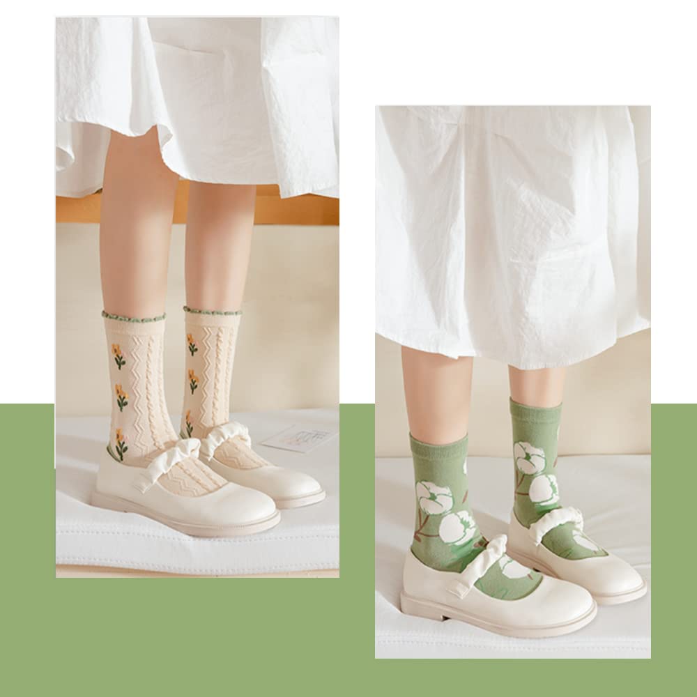 Floral Crew Socks for Women & Girls - 5 Pack Cotton Flower Print Ankle Socks with Ruffled Trim - Green Aesthetic Casual Dress Socks for Everyday Wear, Gift Giving & Fashion Outfits