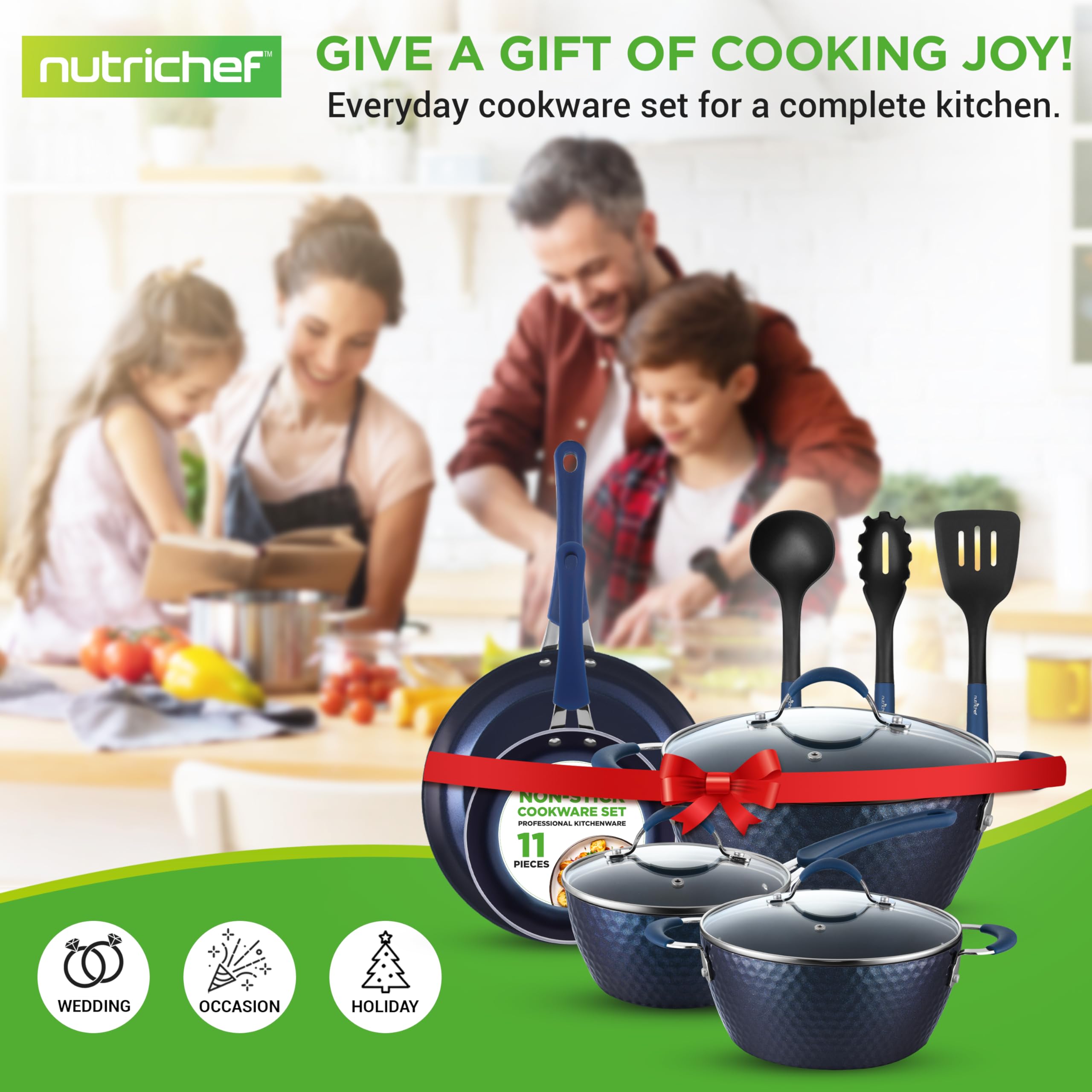NutriChef 11-Piece Blue Diamond Nonstick Ceramic Cookware Set - Durable Pots & Pans with Cool-Touch Handles, Glass Lids & Kitchen Utensils for Healthy Cooking | Perfect for Frying, Boiling, Sautéing & Everyday Meal Prep