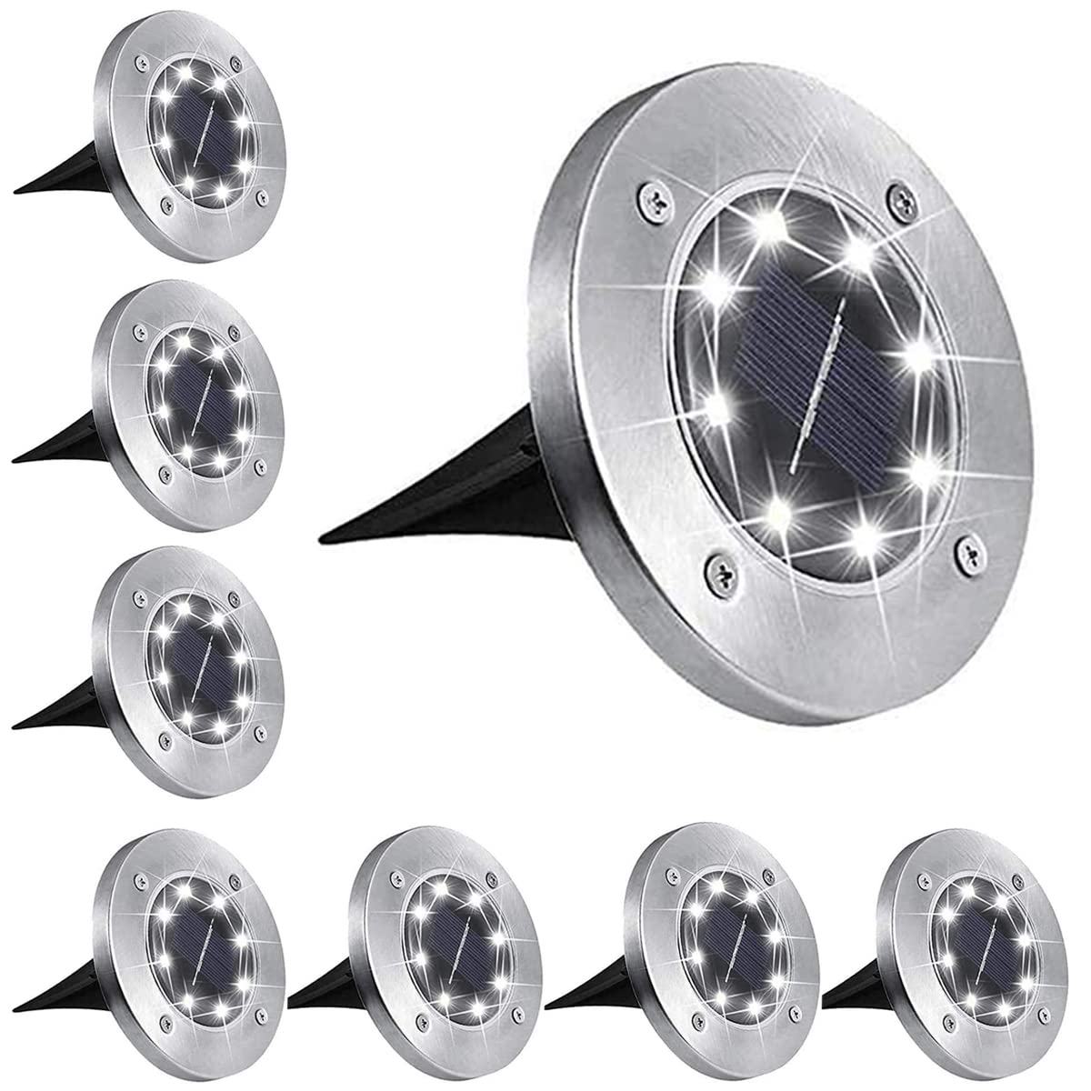 8 Pack Solar Ground Lights - 8 LED Outdoor Solar Powered Disk Lights, Waterproof Garden Landscape Lighting for Yard, Deck, Lawn, Patio, Pathway & Walkway (Cold White) - Perfect for Evening Outdoor Ambiance & Safety Lighting