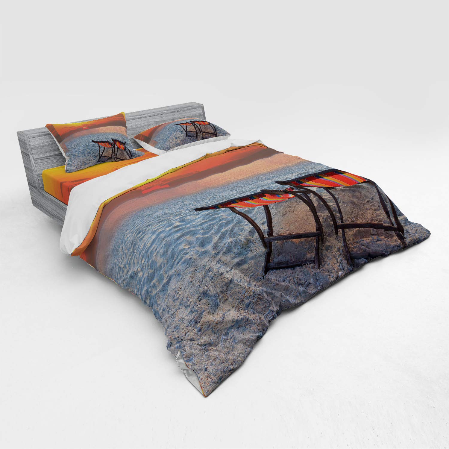 Ambesonne Seaside Bedding Set - King Size 4-Piece Duvet Cover with Shams & Fitted Sheet, Vibrant Orange Red Grey Beach Sunset Design - Perfect for Coastal Themed Bedrooms, Guest Rooms & Vacation Homes