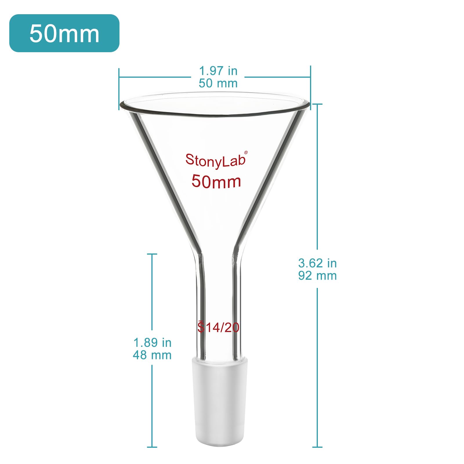 Stonylab Borosilicate Glass Powder Funnel - 50mm Diameter, 14/20 Joint Size with Short Neck - Ideal for Chemistry Labs, Scientific Experiments & DIY Projects