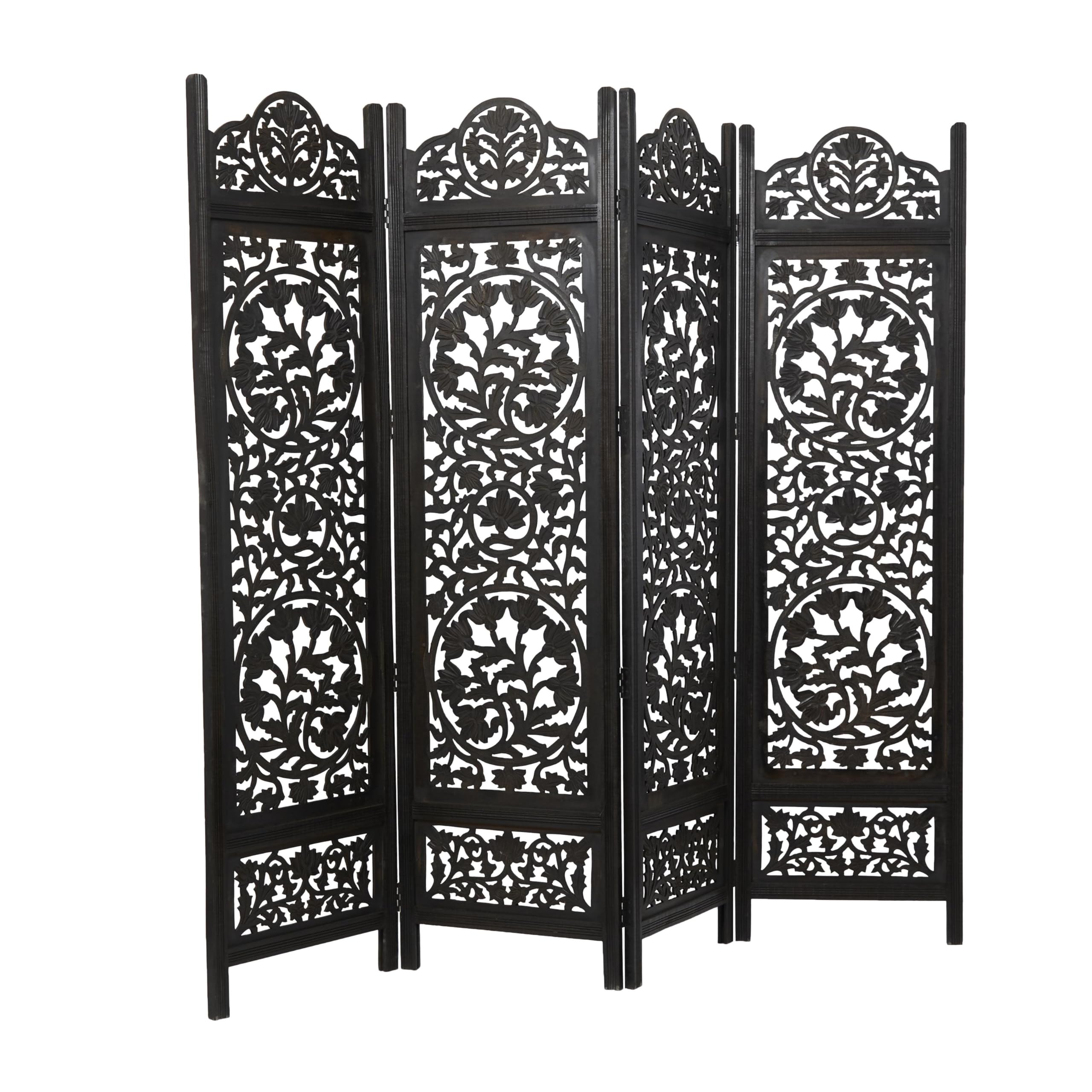 Deco 79 Handmade Wood Floral Room Divider Screen - 4 Panel Foldable Privacy Partition with Carved Design, 80