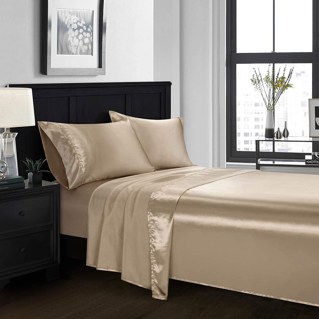 Ultra Soft Silky Satin Flat Sheet - Premium Quality King/California King Top Sheet - Wrinkle Resistant & Easy Care - Taupe Color - Perfect for Luxury Bedding & Guest Room Decor