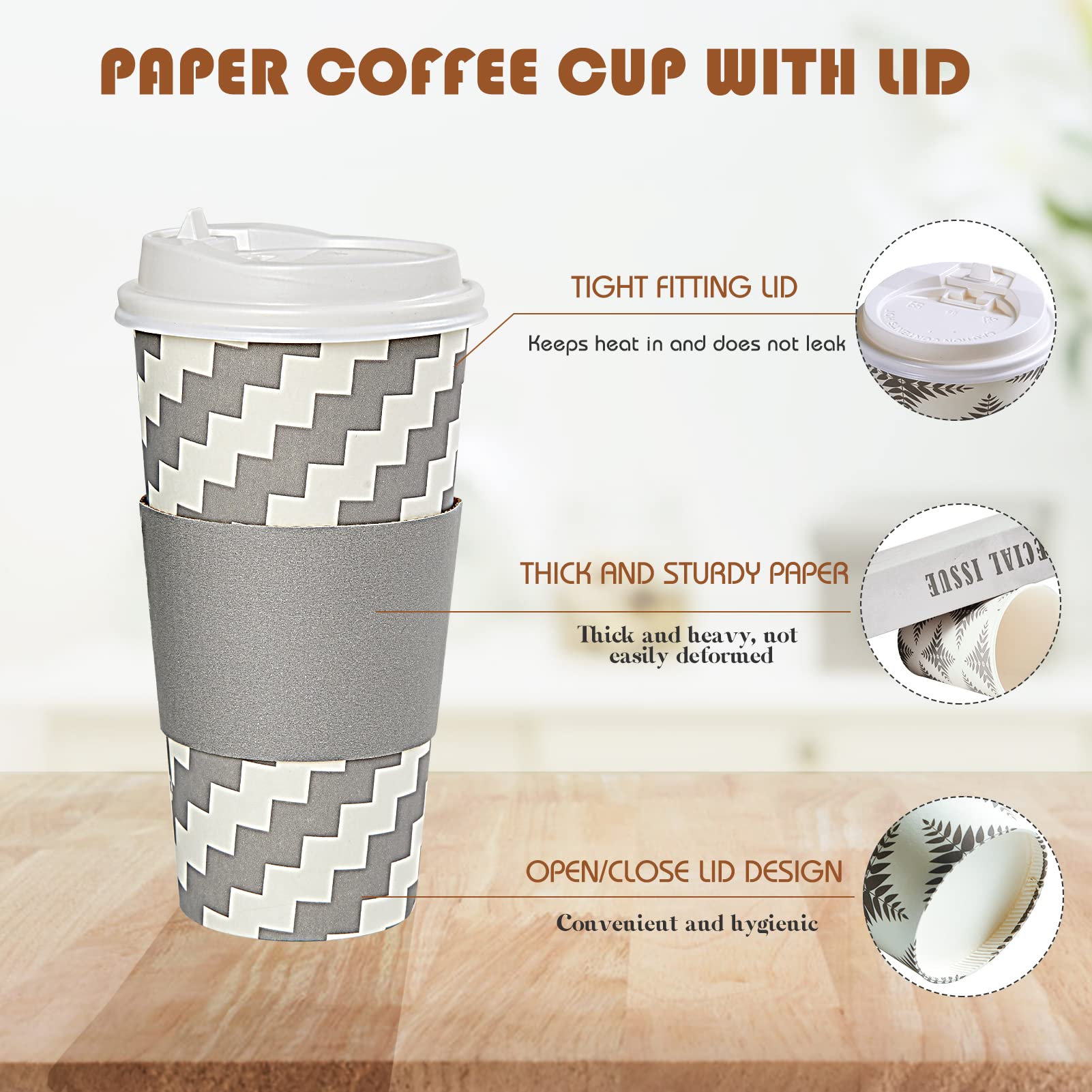 LITOPAK 100-Pack 20 oz Disposable Paper Coffee Cups with Lids, Sleeves & Straws - 4 Stylish Designs for Hot/Cold Beverages - Perfect for Home, Office, Cafe, Restaurant, and Takeout Services