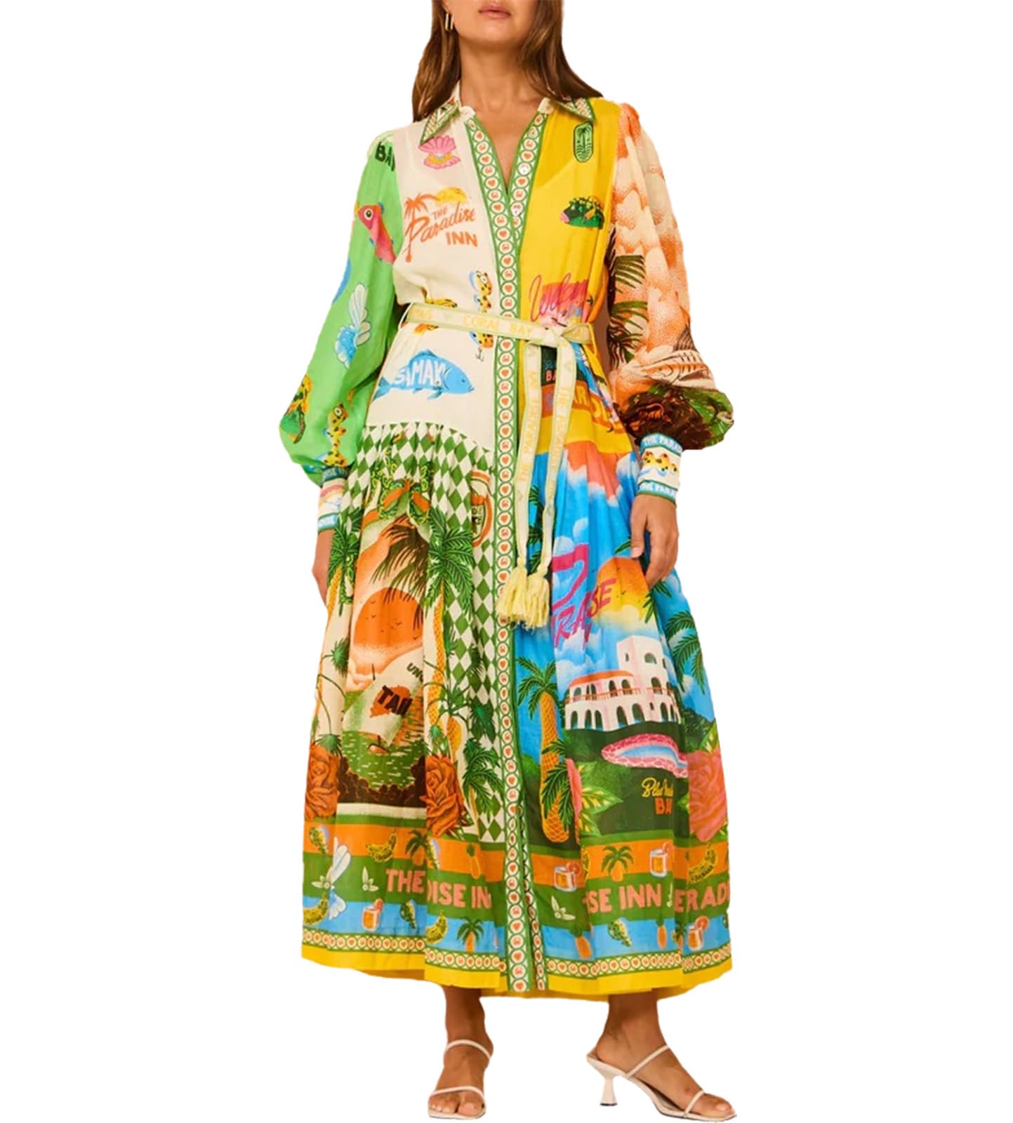 Women's Casual Loose Maxi Dress - Trendy Color Block Long Sleeve Shirt Dress Flowing Hawaiian Beach Dress for Summer Vacation, Party & Outdoor Activities